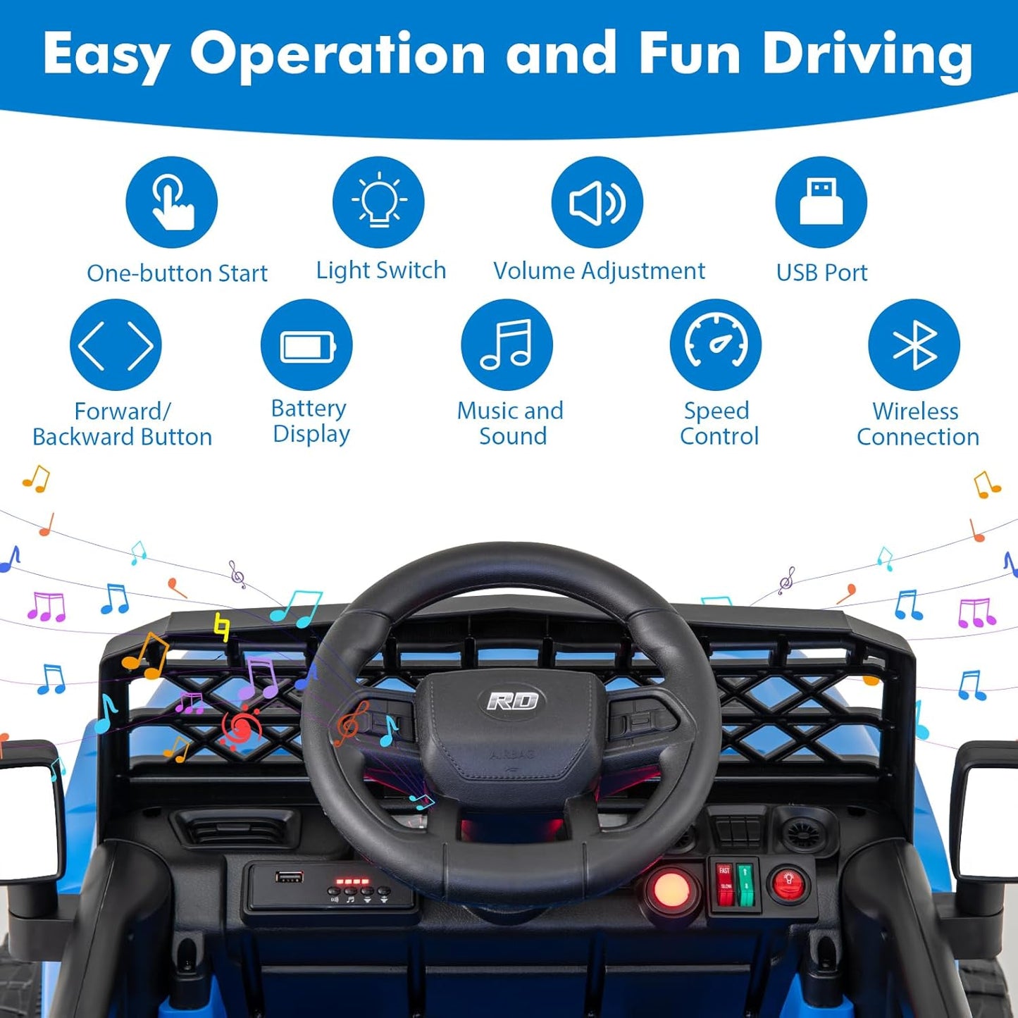 Costzon Kids Ride On Truck, 12V Battery Powered Electric Vehicles w/Remote Control, Spring Suspensions, 3 Speeds, Music, Lights, Wireless Connection, Ride on Car for Boys & Girls 3+ (Navy Blue)