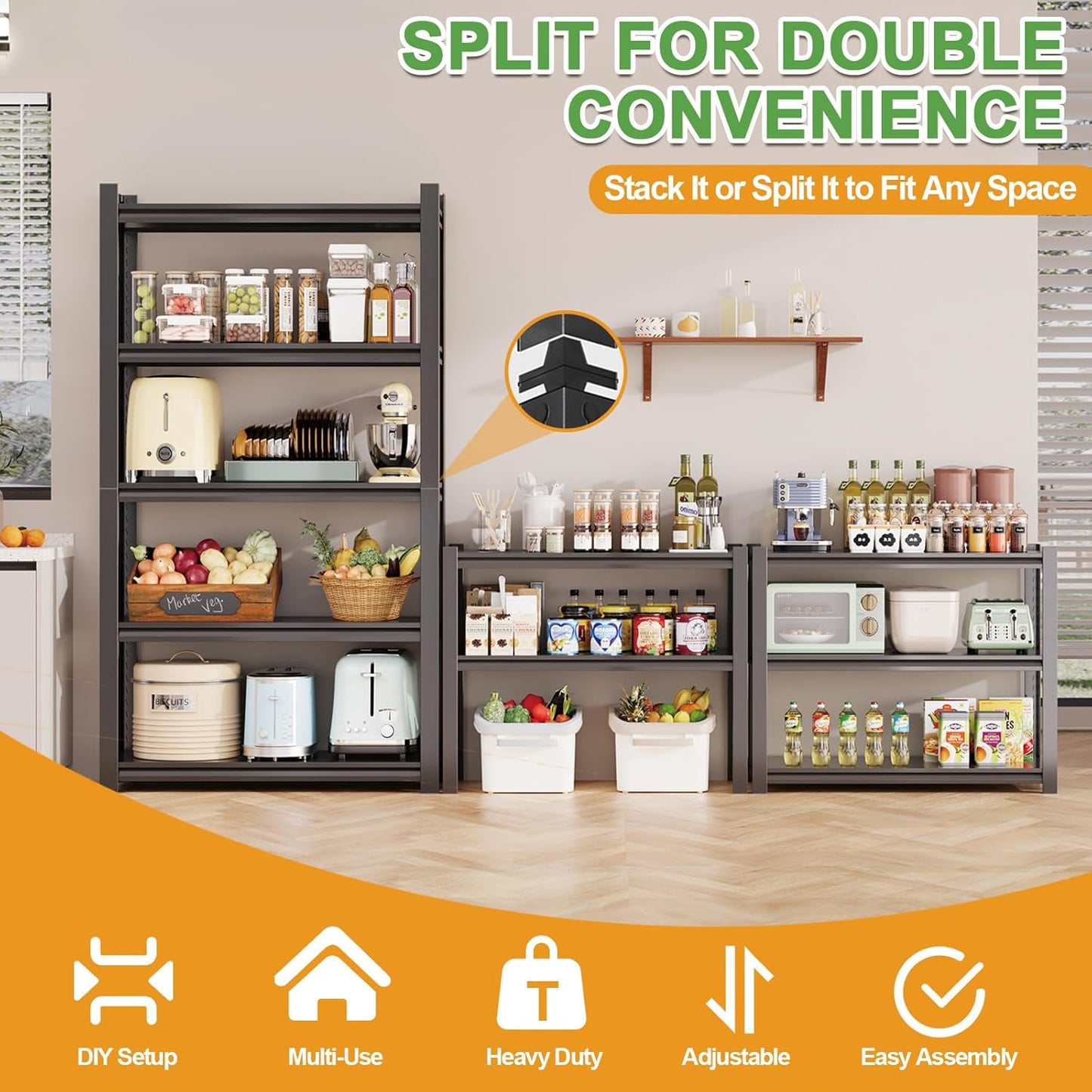 72H Metal Kitchen Storage Shelves, 2800 LBS Heavy Duty Pantry Shelving Unit, 5-Tier Adjustable Pantry Shelves, Food and Beverage Storage Rack, Appliance Storage Utility Shelf for Balcony - Black