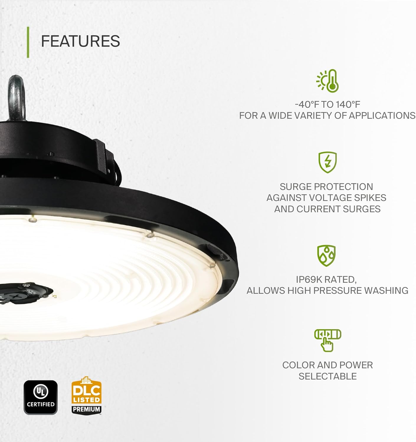 ASD LED High Bay UFO Light Fixture, Commercial Shop Lighting | 3CCT, Dimmable, IP69K Waterproof, DLC Premium, UL Listed | 500W 69700LM 3000-5000K 100-277V | Warehouse, Garage, Workshop Lamp | Black