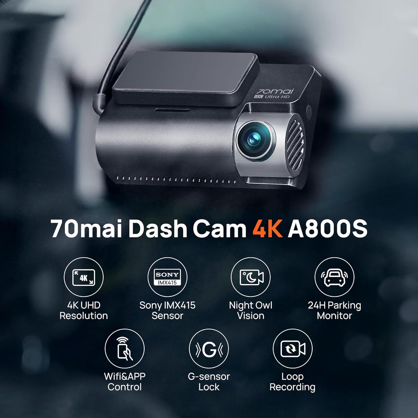 70mai 4K Dash Cam Front and Rear with STARVIS, Built in 5GHz WiFi & GPS Car Camera, Super Night Vision, ADAS, 3'' IPS Screen, 24H Parking Mode, Time-Lapse, Loop Recording, Support 256GB Max (A800S)