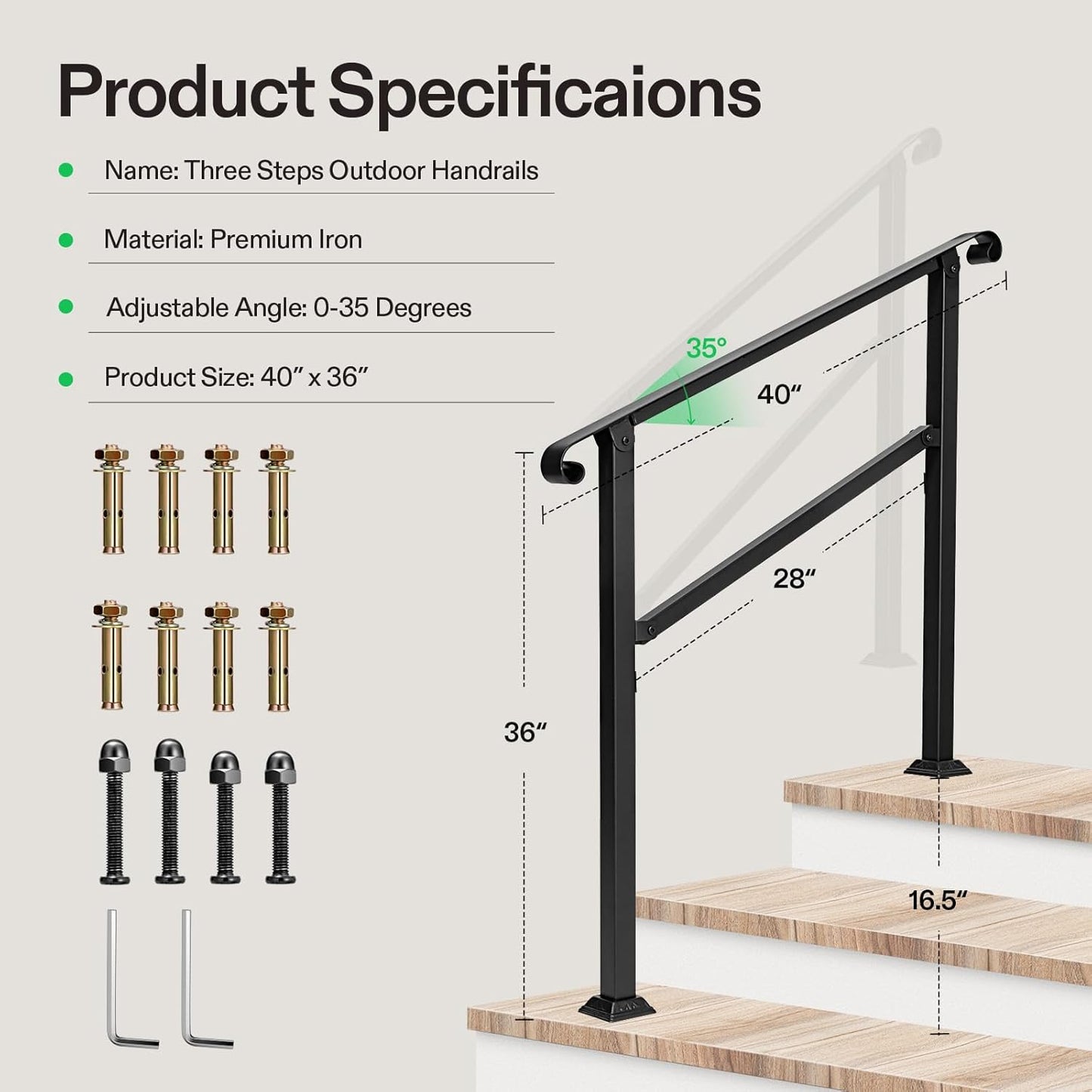 VIVOSUN Outdoor Handrail, 3 Step Stair Handrail, 40" x 36" Fits 1 to 3 Steps, Wrought Mattle Iron Stair Railing with Curved Ends for Concrete Steps, Porch Steps, One-Step Assembly, Black