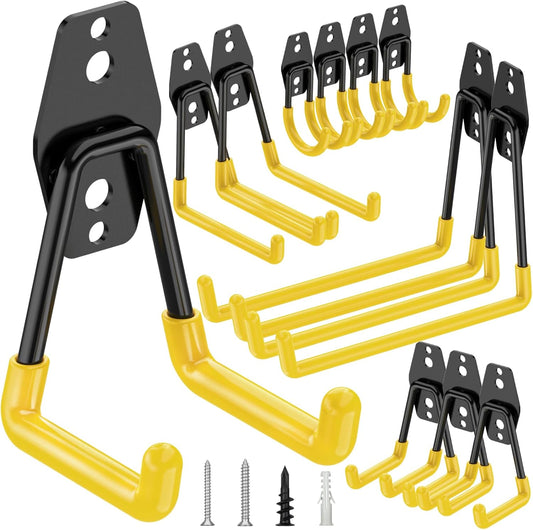TICONN 12 Pack Heavy Duty Garage Hooks, Steel Utility Wall Storage Hooks, Wall Mount Hanger Organizer for Ladders, Bikes, Tools, Bulky Items (Set, Yellow)