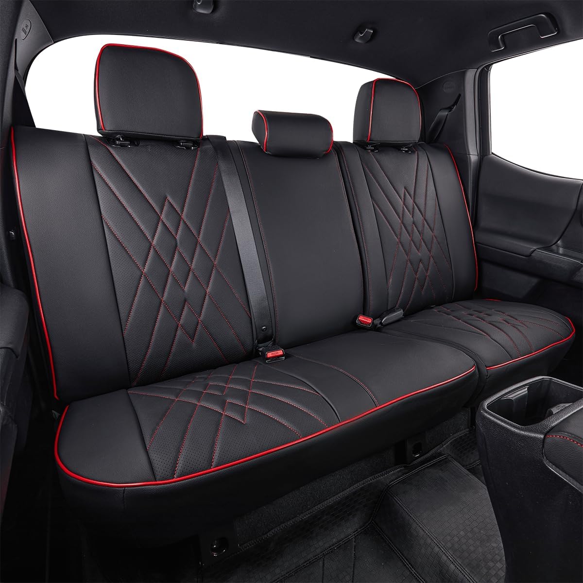 EKR Custom Fit Tacoma Leather Car Seat Covers for Select Toyota Tacoma 2012 2013 2014 2015 (TRD Sport Seats)- Full Set,Leather(Black with Red Trim)