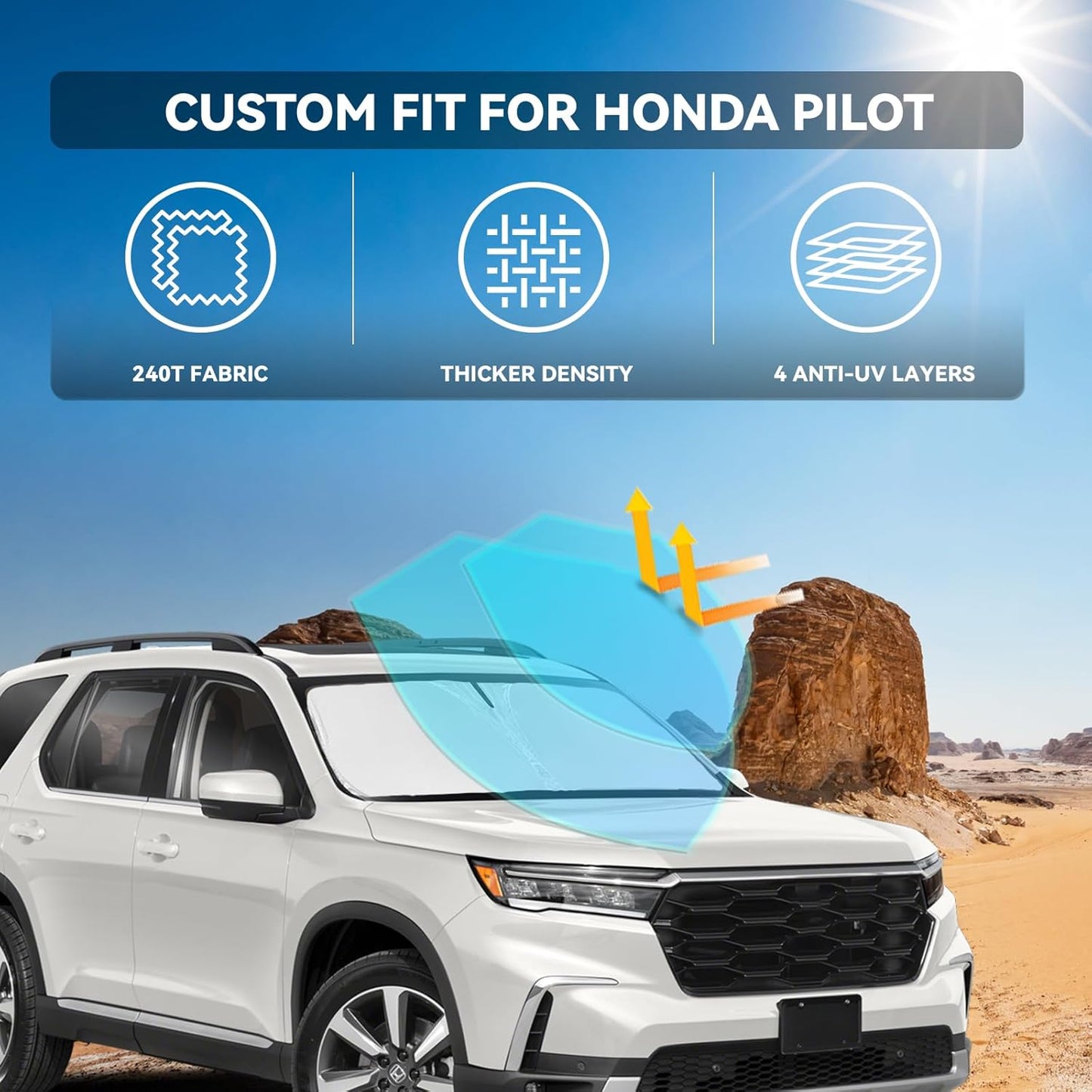 Sun Shade Sunshade for Honda Pilot 2016-2025 2026 Windshield Cover, 4-Layers Sun Shield 240T Silver Sun Visor Foldable Window Shade for Pilot EX-L Special Edition Elite Black Edition Touring