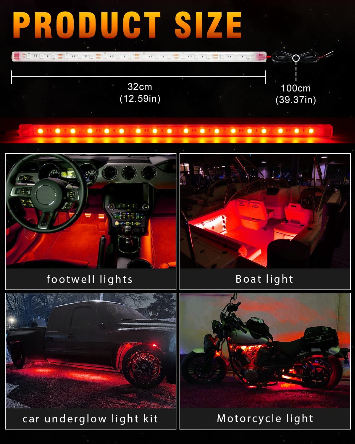 Qasim Car LED Strip Light 12V Red 12.5''/32CM for Golf Cart Underglow Boats Vehicle Automotive Truck Van Motorcycle Footwell Lighting IP67 Waterproof, Pack of 6