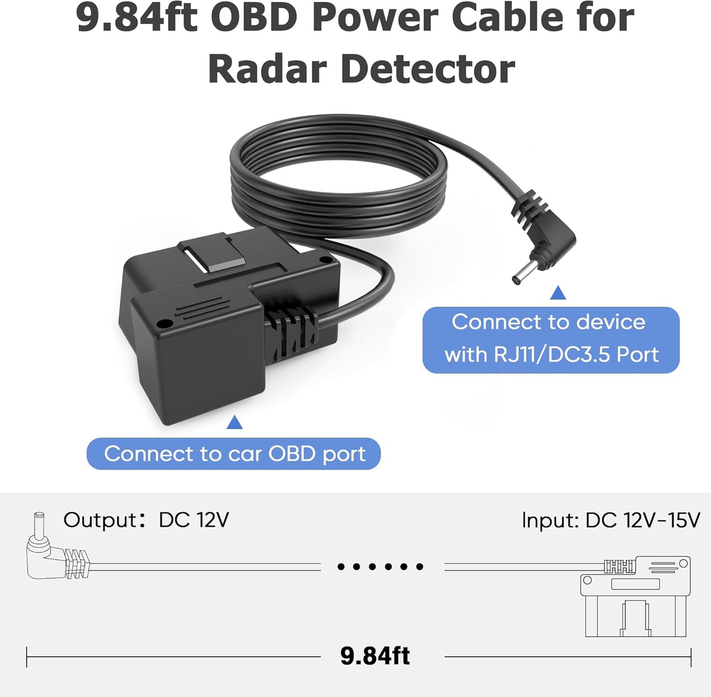 OBD Power Cable for Radar Detector,OBD to DC3.5 Radar Detector Cord,OBDII Charger Cable, Compatible with Cobr 380 480i Unide DFR1 Radenso Whistler 78se Cr97 etc Detector