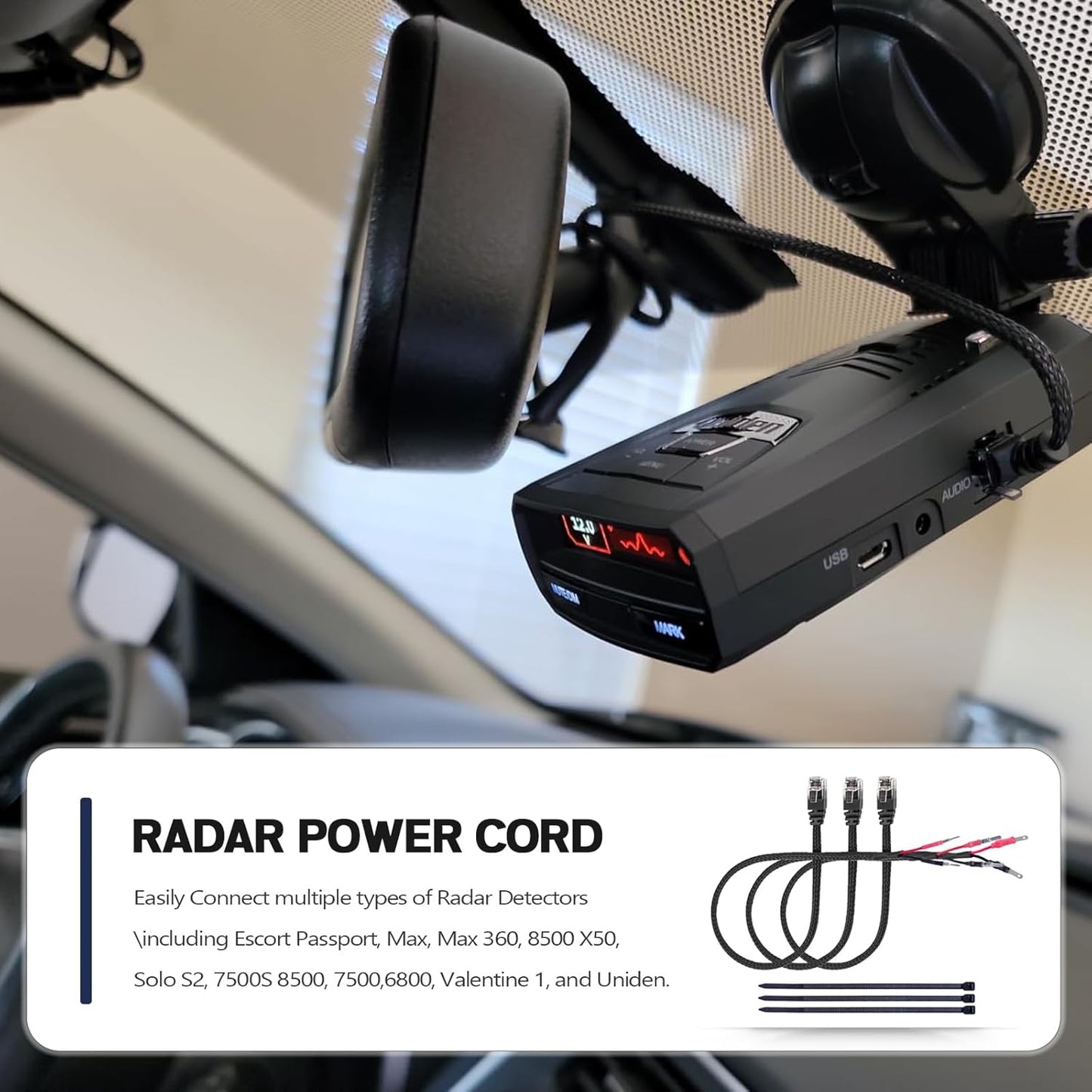 Xislet 16.5" Radar Detector Hardwire Power Cord Mirror Wire Plug Tap Compatible with Escort Valentine One Uniden Beltronics with Inline Fuse Mount RJ11 - Set of 3