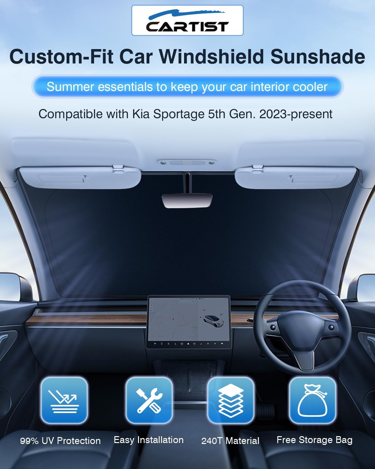 Cartist 5-Layer Windshield Sun Shade Custom Fit for Kia Sportage 2023 2024 2025 Accessories Foldable Car Front Window Sunshade Sun Visor Protector