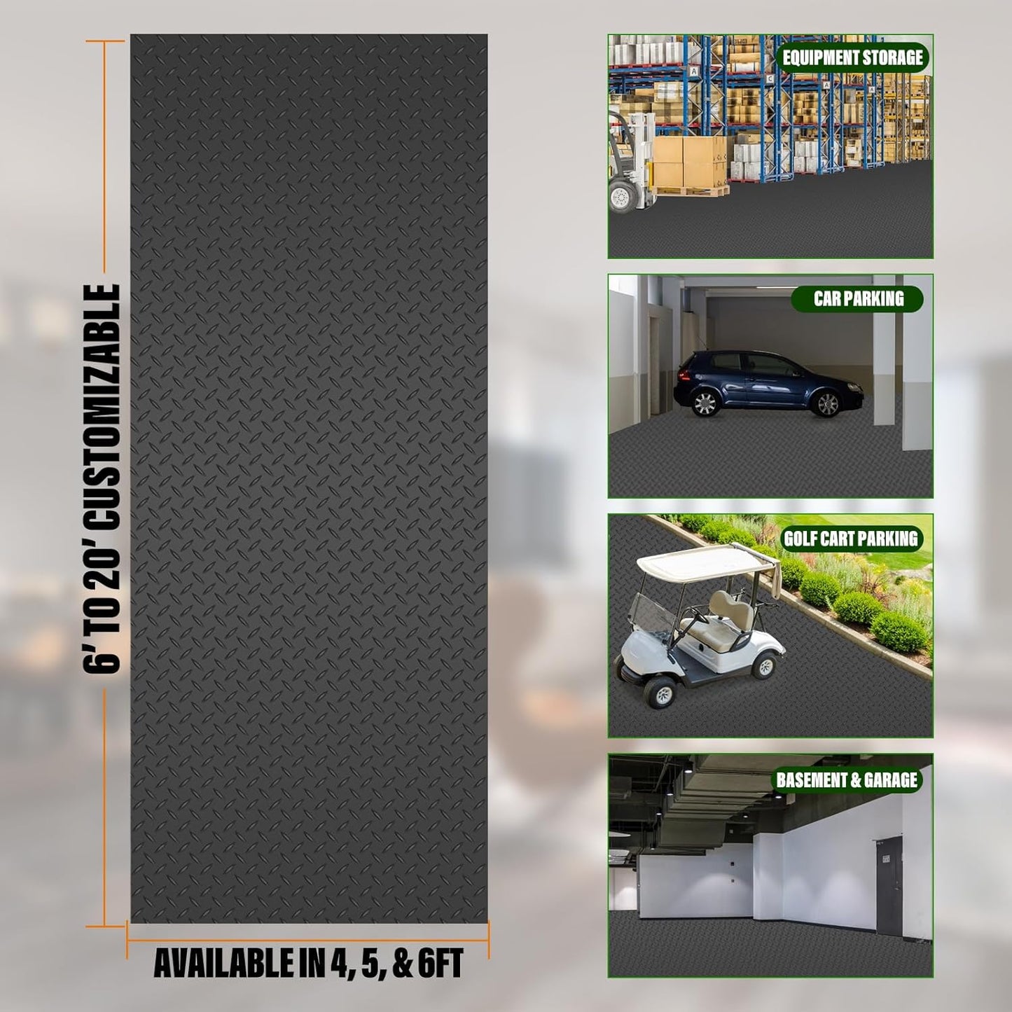 SEAL 5 x 15 Ft Premium Garage Floor Mat, Solid 2.8mm Thickened Black Commercial Grade Heavy Duty Parking Mat for Garage Floor, Golf Cart, Water/Stain Resistant Floor Runner (Embossed Diamond Plate)