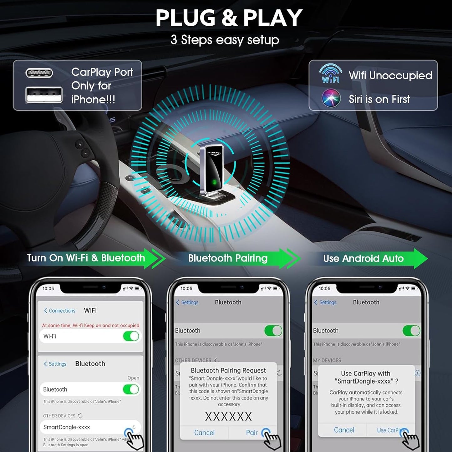 Wireless CarPlay Adapter for iPhone – Converts Wired to Wireless CarPlay Dongle, Mini Plug & Play USB & USB-C/Type-C, Seamless Fast Connection, No Latency, Quick Setup & Auto-Connect Apple iOS 10+