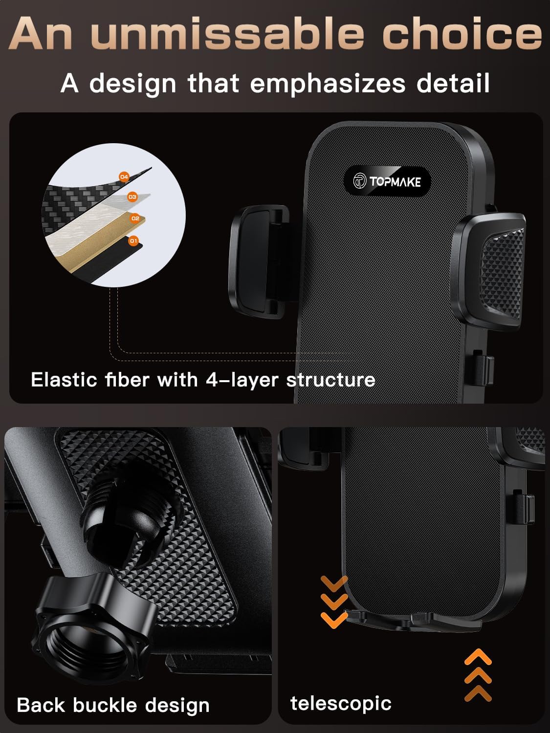 Topmake Car Phone Holder Mount,【2025 Upgrade】 3-in-1 Cell Phone Holder for Car, Dashboard Windshield, Suction Cup Hands-Free Car Phone Stand, Automobile Cradles Universal,Black