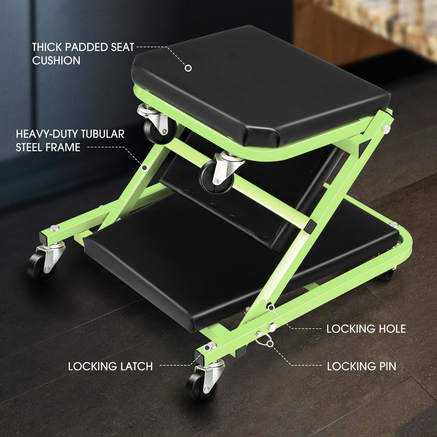 DNA MOTORING 36 Inches 2 IN 1 Rolling Folding Car Creeper/Seat, 6 Pcs 2" Casters, 150kg Weight Capacity, Green, TOOLS-00185-GR