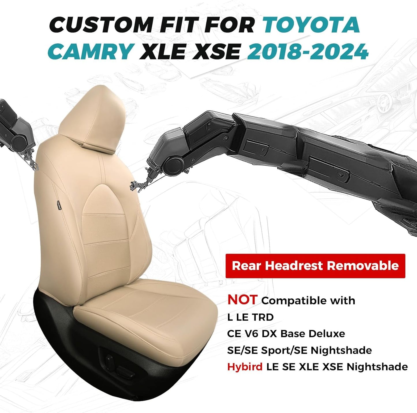 for Toyota Camry Seat Covers XLE XSE V6 2018 2019 2020 2021 2022 2023 2024 - Waterproof Breathable Leather Seat Covers for Cars, Custom Fit Car Seat Covers Full Set, Beige Not for Hybrid