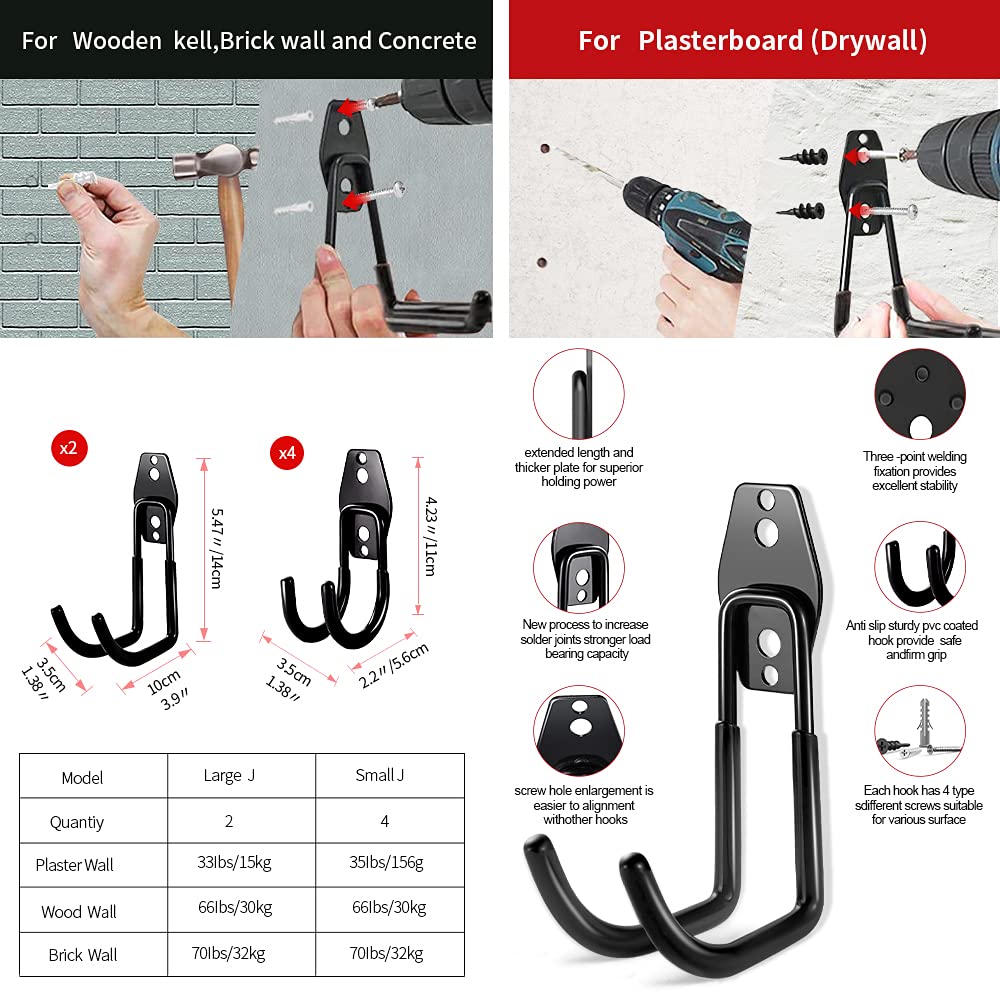 3-H Garage Wall Hooks 10 Pack, Heavy Duty Garage Hooks with Extra Welding Spots, Wall Mount Storage Organizer for Hanging Garden Lawn Tools, Chair, Shovel, Blower, Toolkit (Black)