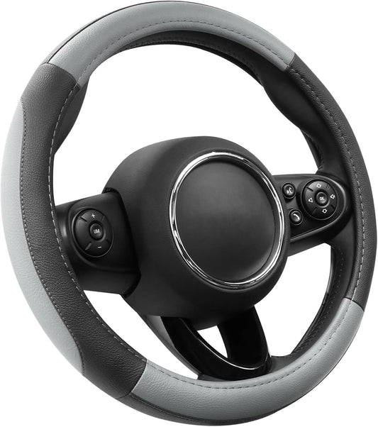 SEG Direct Car Steering Wheel Cover for Prius Civic Model 3 Model Y Camaro, Small Size 14-14.25 inch, Black and Gray Microfiber Leather