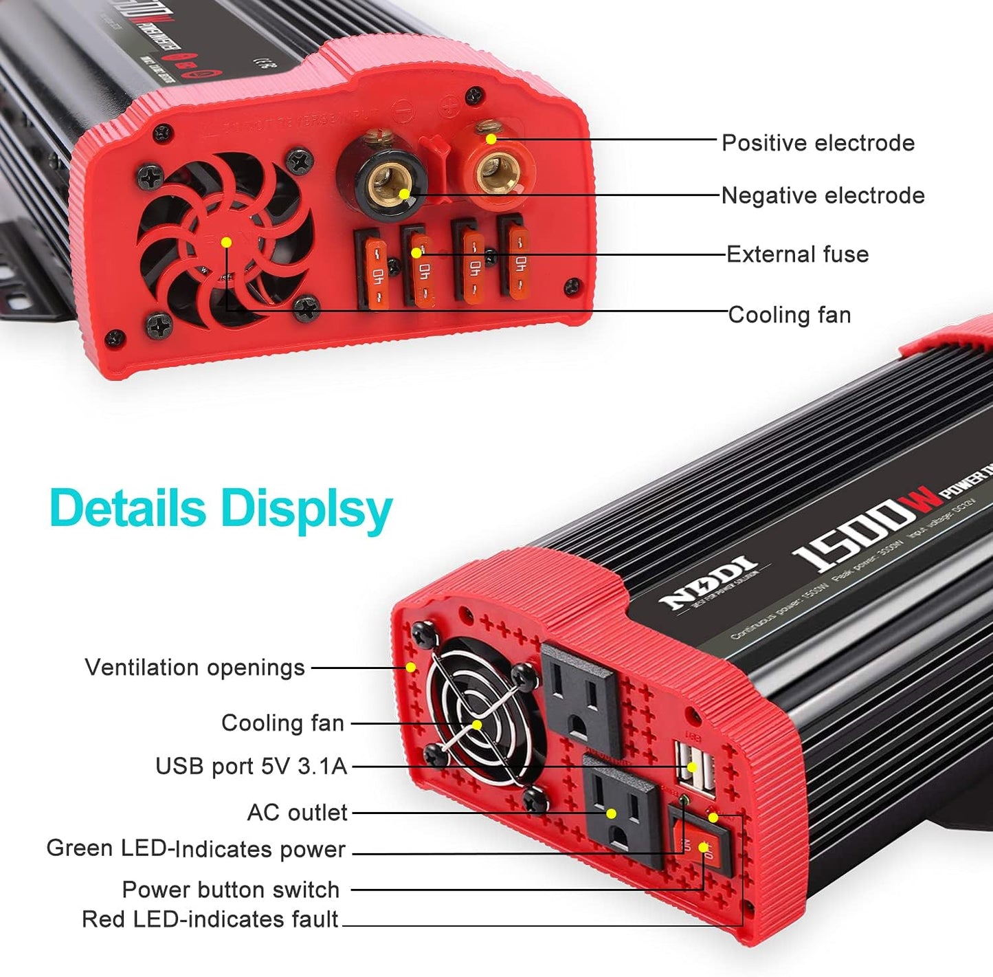 1500W Car Power Inverter 12V DC to 110V AC Car Converter Charger Adapter with Dual 3.1A USB Port and AC Outlets Quick Charging