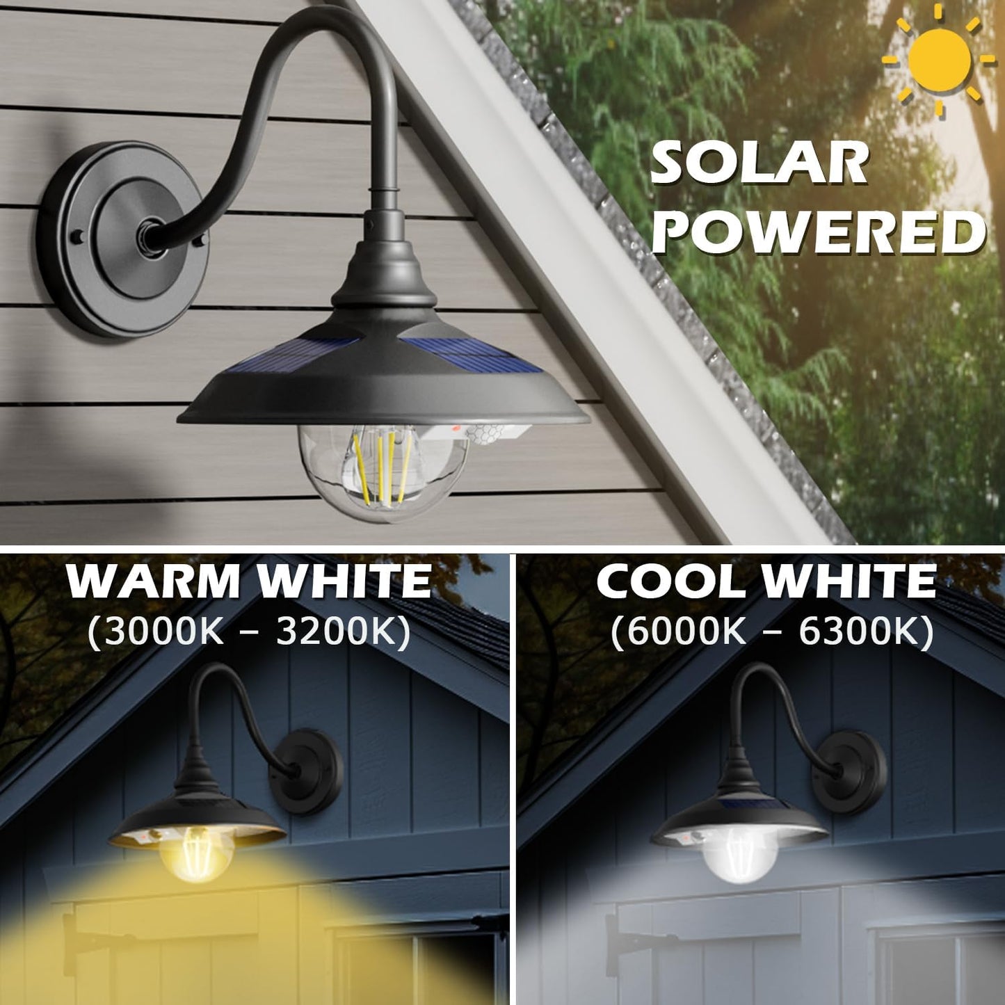 SIEDiNLAR Solar Barn Light Outdoor 3 Modes 2 Lighting, Aluminum Vintage Farmhouse Gooseneck Wall Light Waterproof with Remote & Motion Sensor for Barn Garage Shed Porch Chicken Coop Black (2 Pack)
