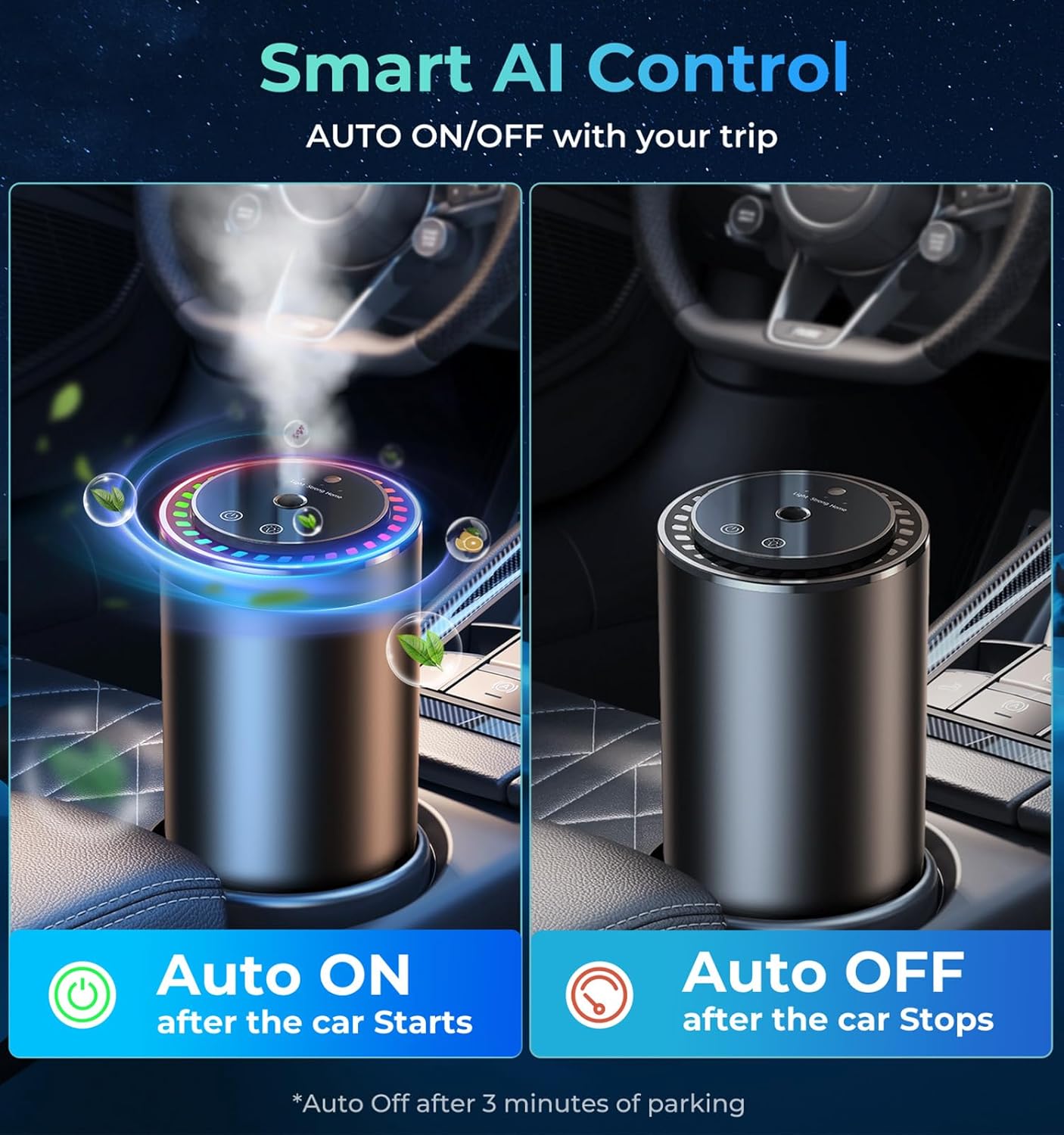Car Diffuser Smart Air Freshener, Auto On/Off by AI Chip, Built-in Battery, Works Silently, Refill Oil Aroma with 120 Days Long-Lasting Scent, Auto Accessories for Men and Women-Tea, Black Matte