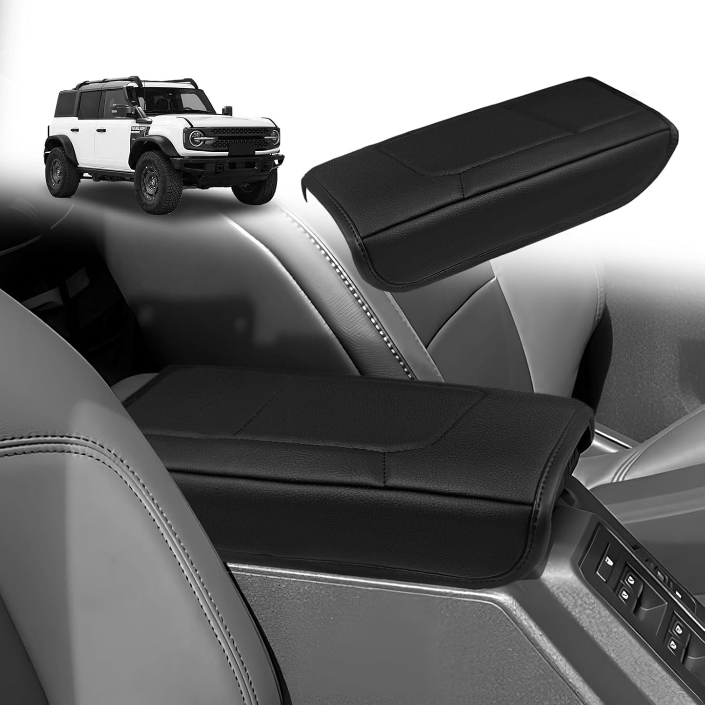 Muslogy Center Console Armrest Cover Compatible with Ford Bronco 2021 2022 2023 2024 2025 Comfort Armrest Pad Arm Rest Cushion Vegan Leather Protector Regular Thick