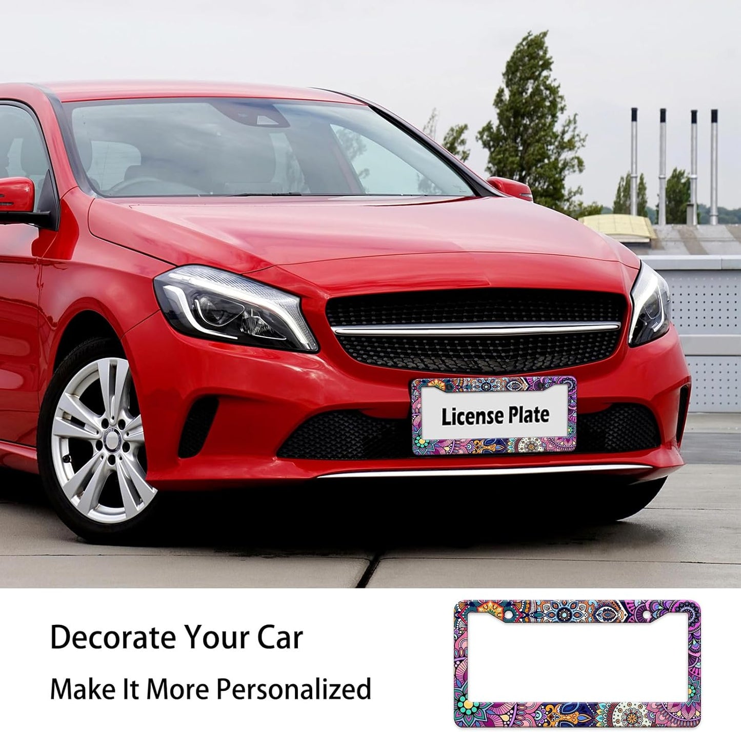 Mandala License Plate Frame, Boho Floral License Plate Holder, Flower Car Tag Holder Metal Aluminum Rustproof Car Accessories for Women Men 2 Holes with Screw Caps