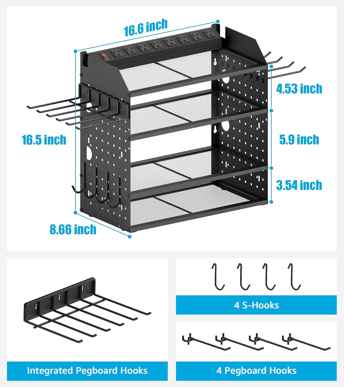 CCCEI Modular Desk Power Tools Organizer with Charging Station, 4 Layer Drills Battery Storage Wall Mount, Garage Shop Organization, Anniversary, Birthday, Gifts for Men, Father, Black, 10FT Cord.