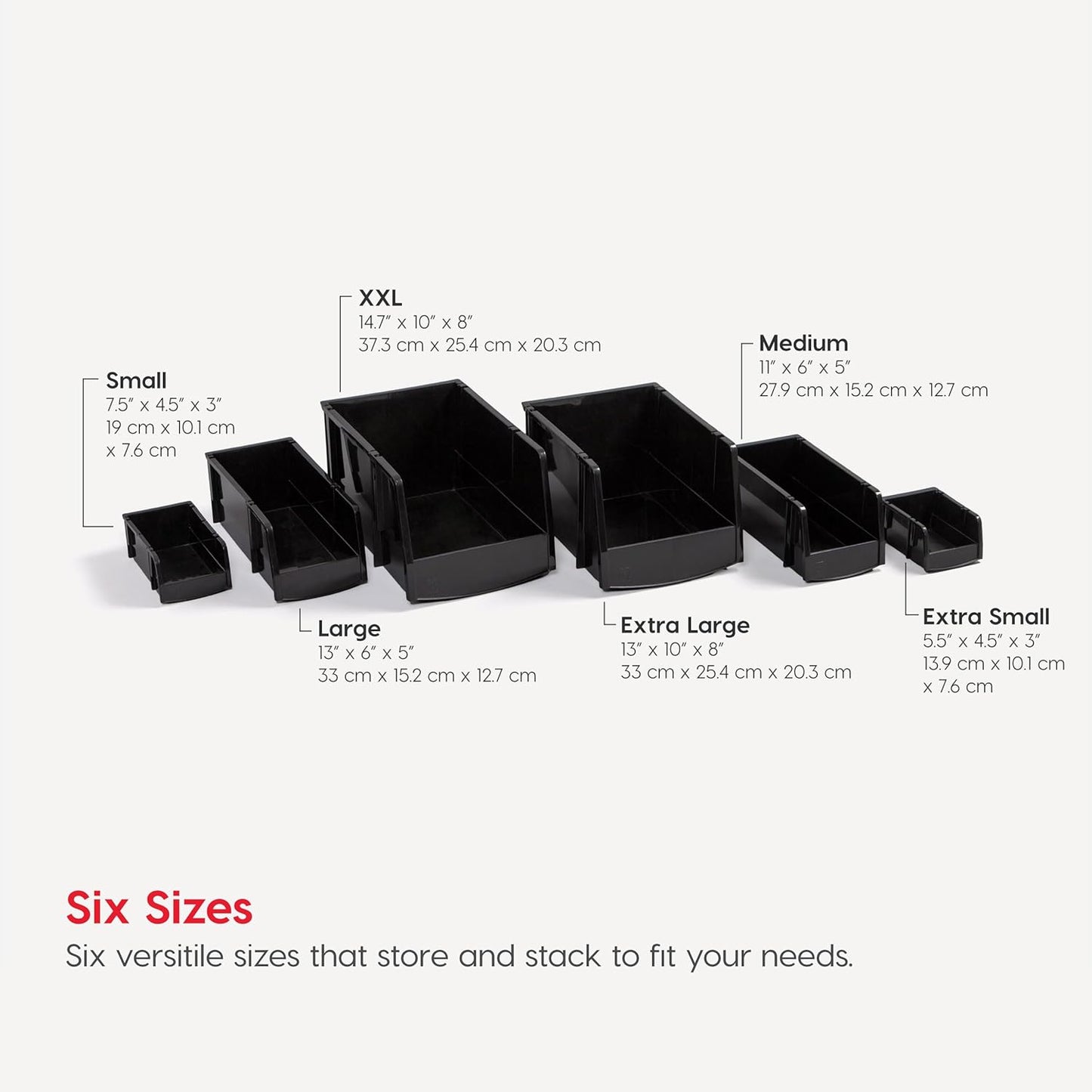 IRIS USA Stackable Bins, 11 x 6 x 5 inch, Plastic Hanging Open Front Shelf Bin Storage Organizer for Hardware, Craft Supplies, Small Parts, Nuts and Bolts, Garage Organization, 4 Pack- Medium, Black