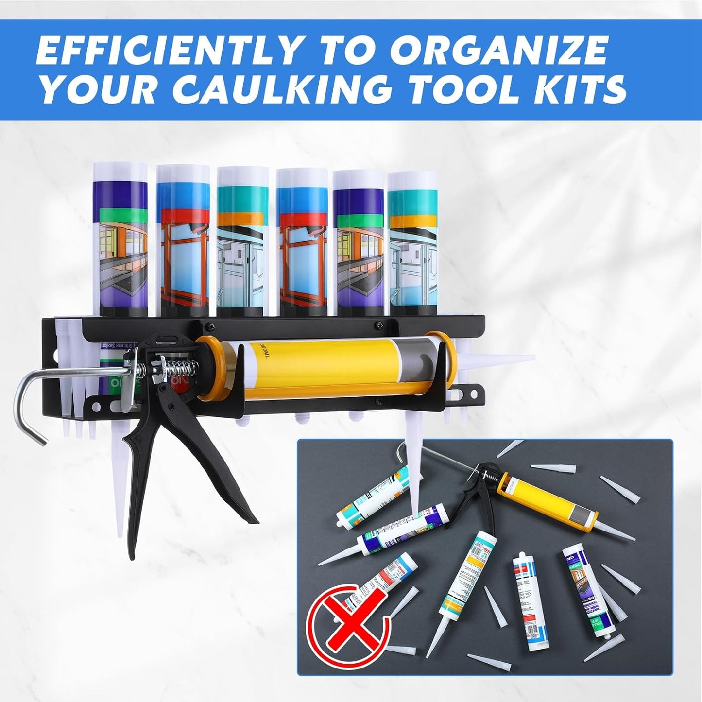 Hicarer 2 Packs Caulking Tube and Gun Holder Caulking Gun Storage Rack with Horizontally Base Sealant Organizer for Garage and Workspace Wall Mounted Tubes Nozzle