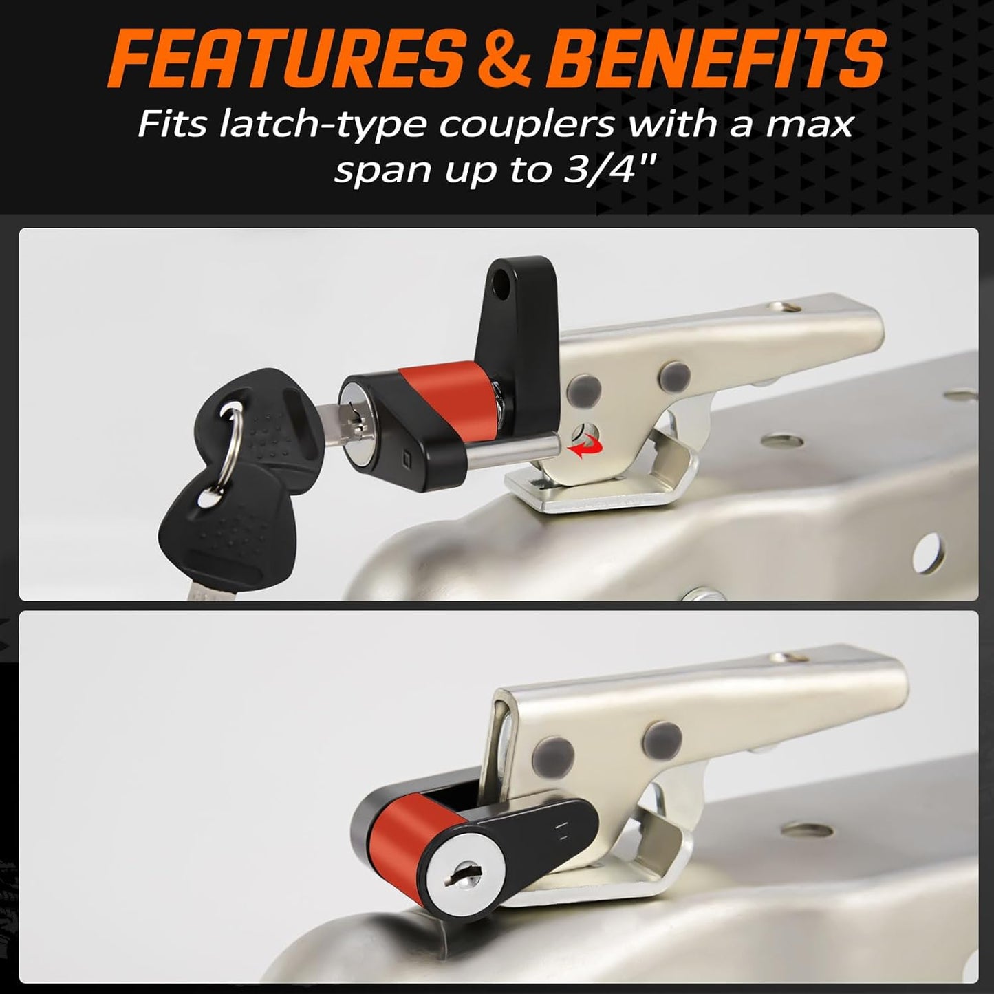 METOWARE Keyed Alike Trailer Coupler Lock, 1/4” Dia, 3/4” Span Heavy-Duty Steel Trailer Tongue Lock for Tow Boat RV Truck Car's Coupler with Anti-Rattle Rubber Rings (2 Pack)