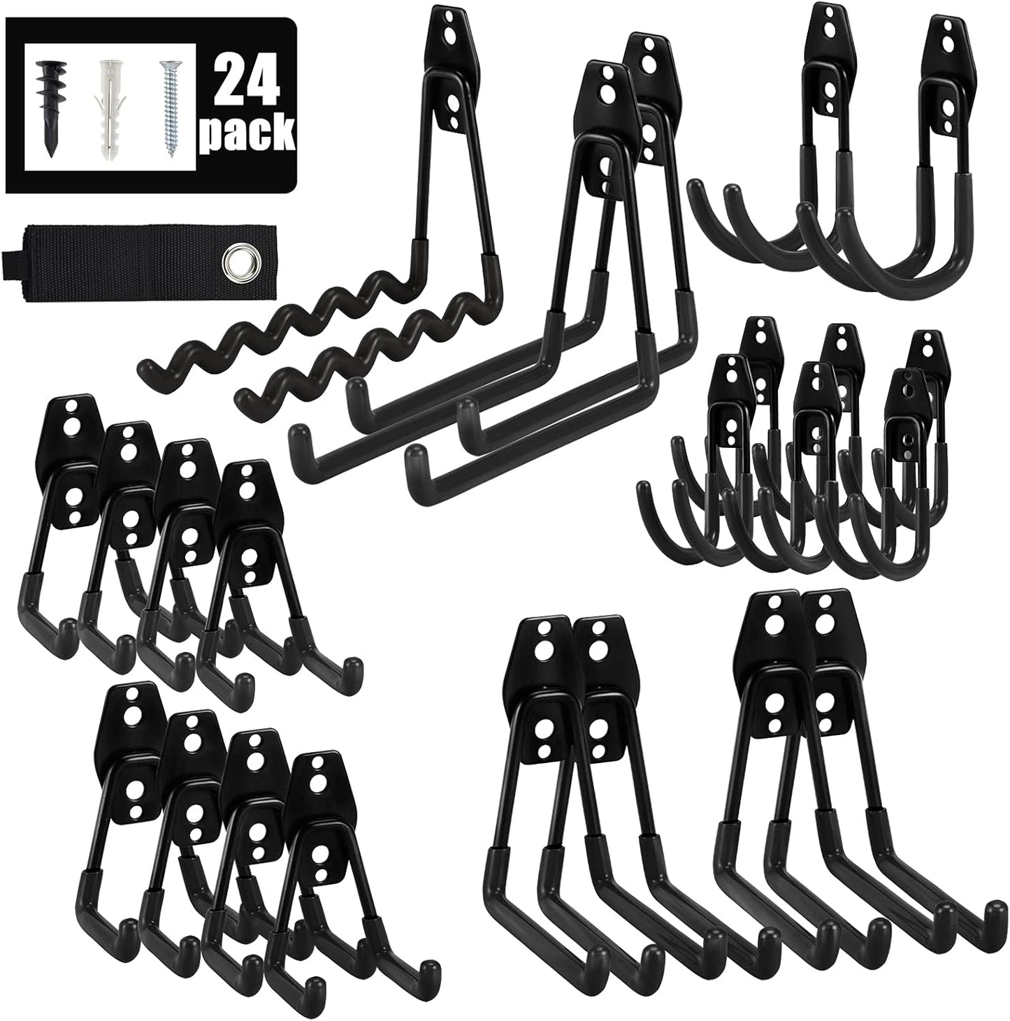 AOBEN Garage Hooks,24Pack Heavy Duty Garage Hanger Organizer Anti-Slip Double Wall Garage Storage Hooks for Ladder, Power Tool,Bike,Ropes (23 Hooks & 1 hoder Strap)-Black