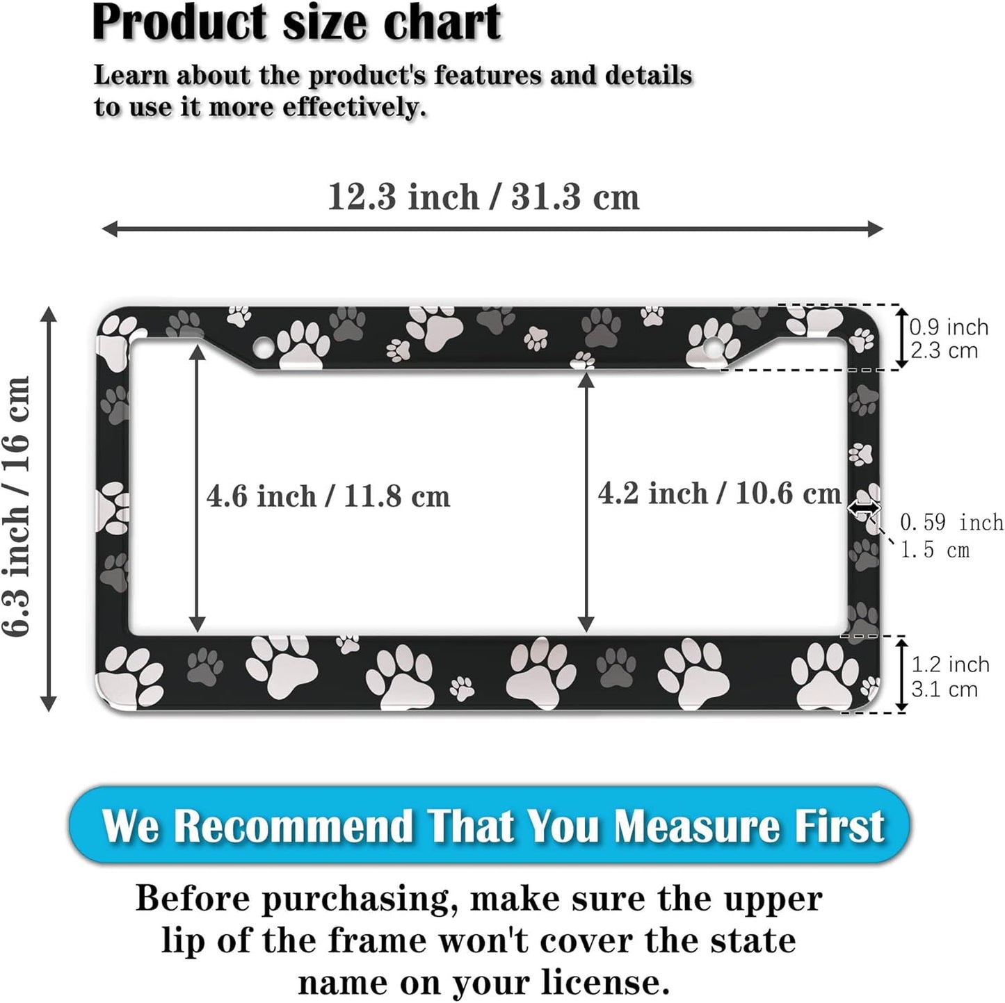 License Plate Covers Black and White License Plate Frames Paw Print Dog Cat Universal Aluminum Car Accessory 2 Pack with Screw Covers Set