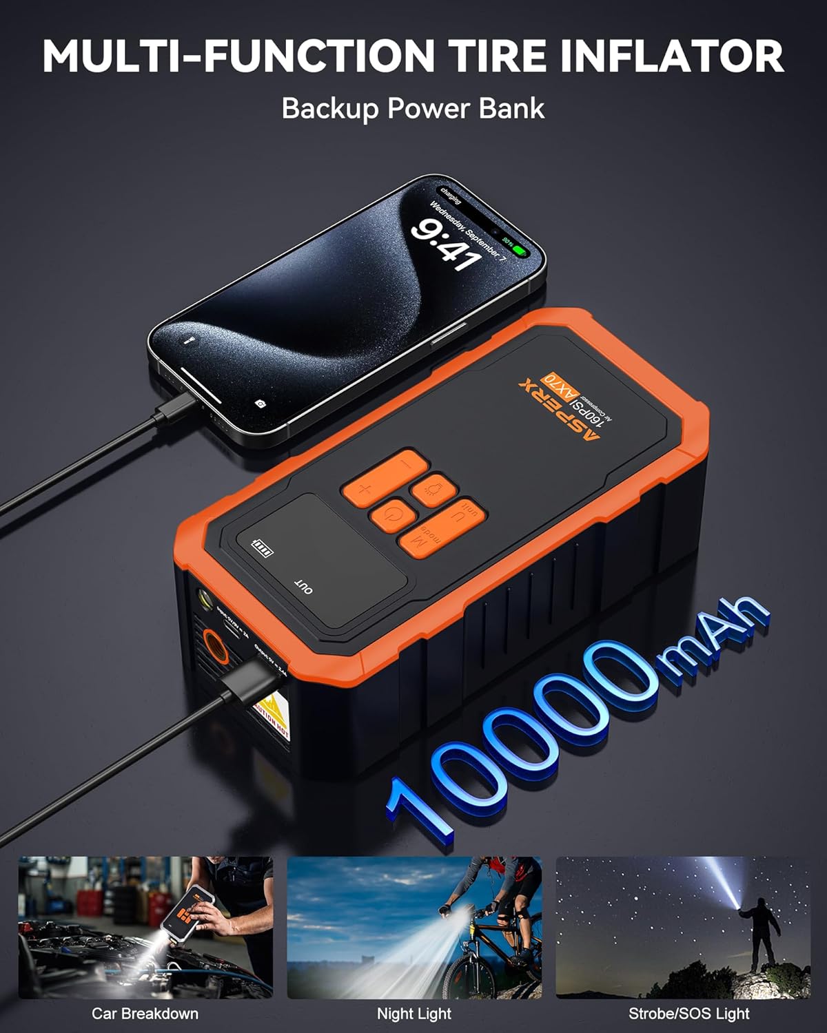 Tire Inflator Portable Air Compressor- 160PSI & 10000mAh Portable Air Pump with Carrying Case, LCD Display & LED Light, 3X Fast Inflation for Car, Bike, Motorcycle, Balls and more(Orange)