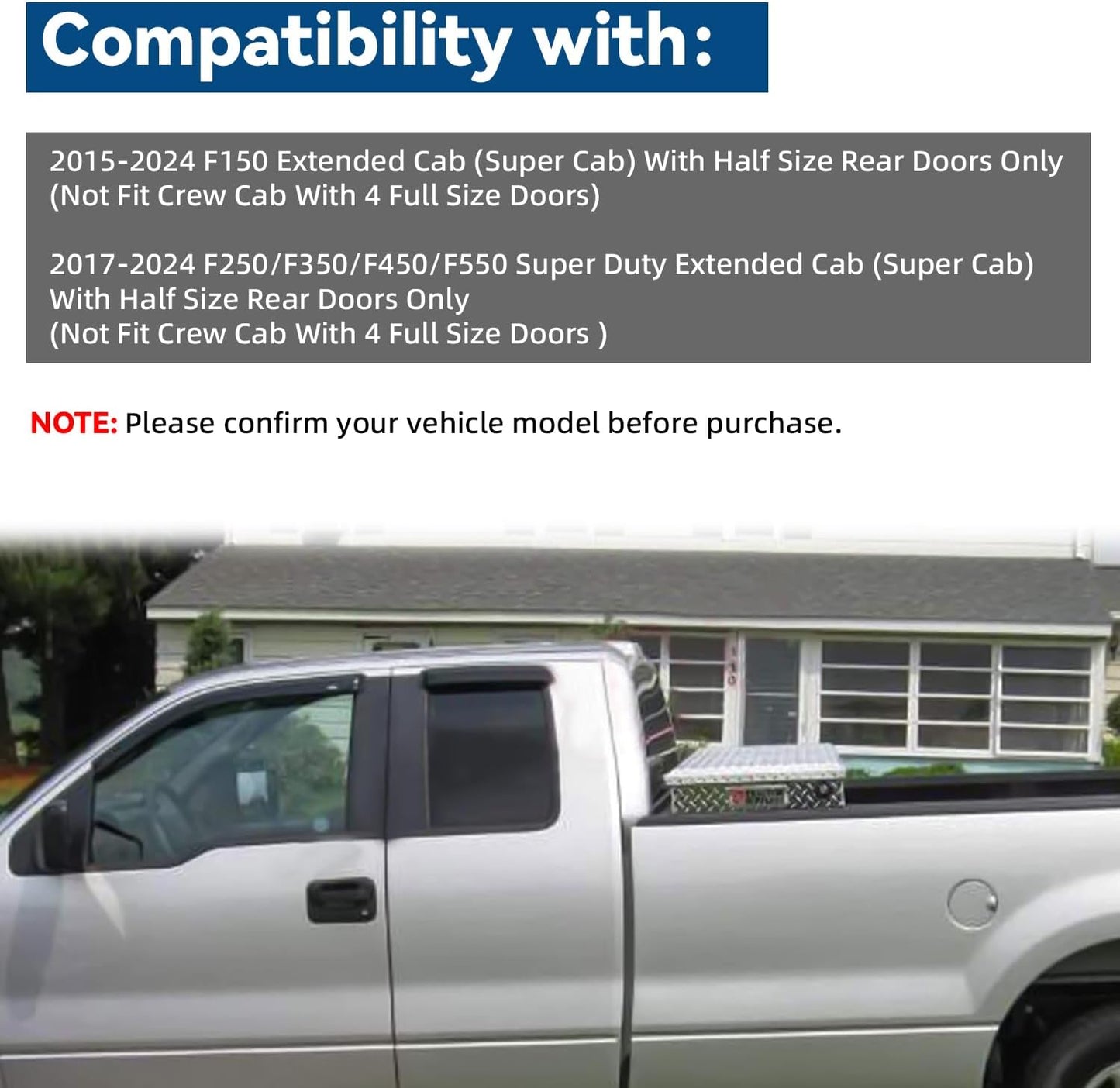 4pcs Window Visors Compatible with 2015-2024 F150/ F250/F350/F450/F550 Super Duty Extended (Super) Cab with Half Size Rear Doors Front+Rear Smoke Tint Sun/Rain Guard Outside Mount Tape-On Vent