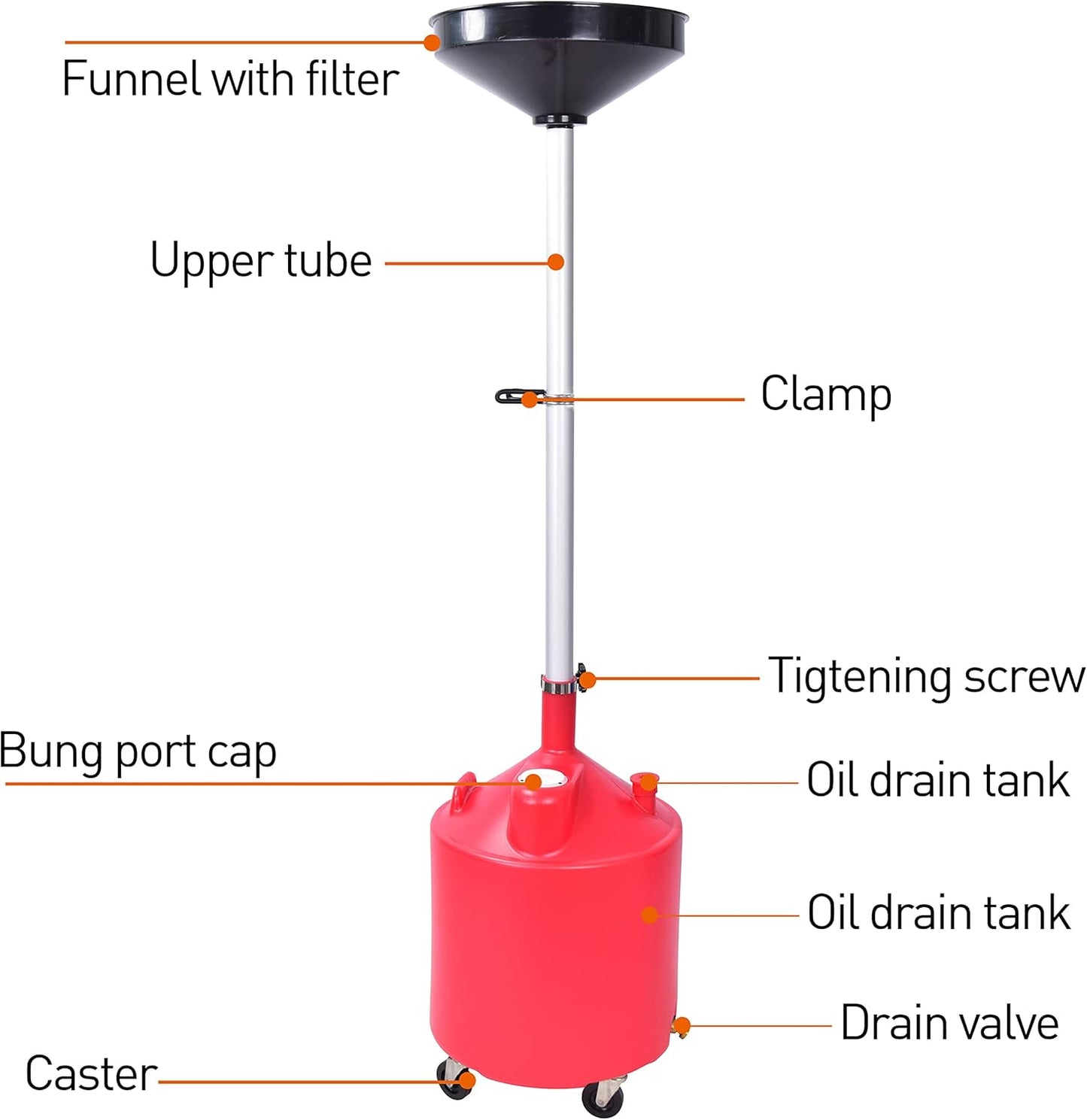 PONO Portable Waste Oil Drain Tank 18 Gallon with Steel Waste Oil Container, Adjustable Funnel Height, Oil Changing, Oil Dolly for Car Fluid Fuel Transfer Drainage