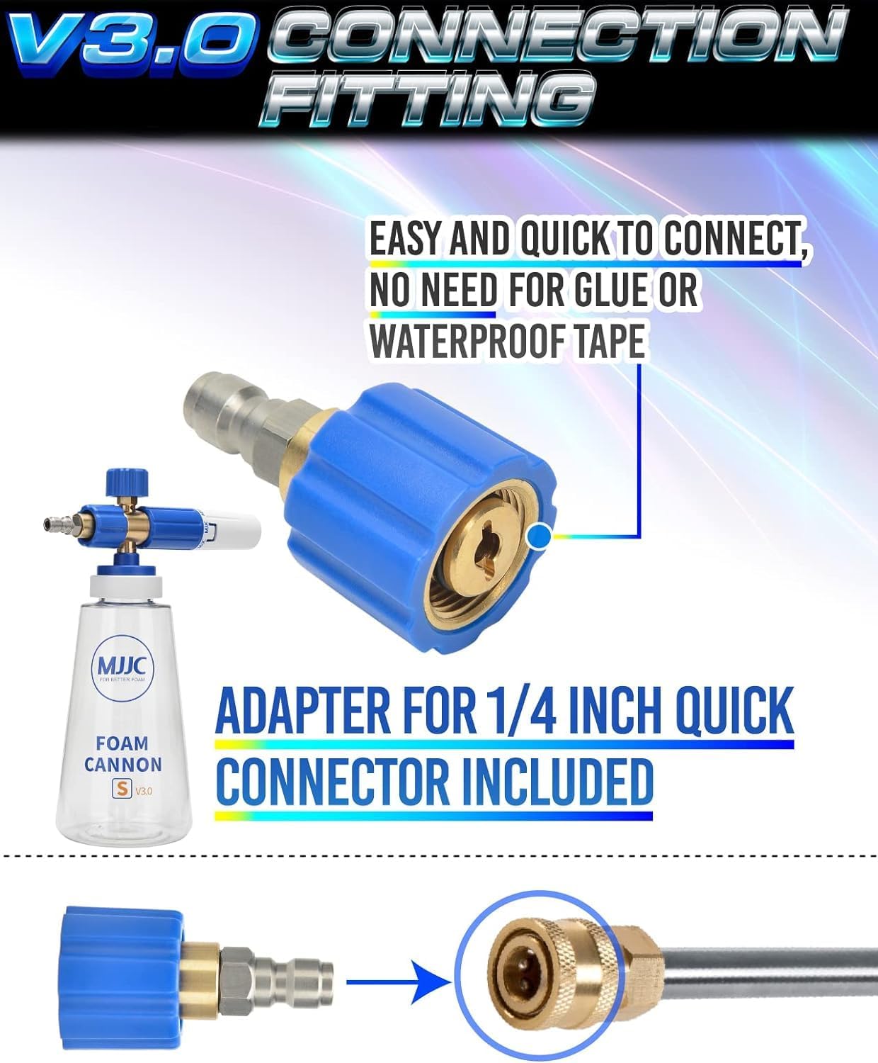 MJJC Foam Cannon S V3.0 (Thicker Snow Foam Technology) with 1/4 Inch Quick Connector for Pressure Washer, 34 oz Bottle (V3.0 (1/4" Quick Connector) + SOAP Sample)