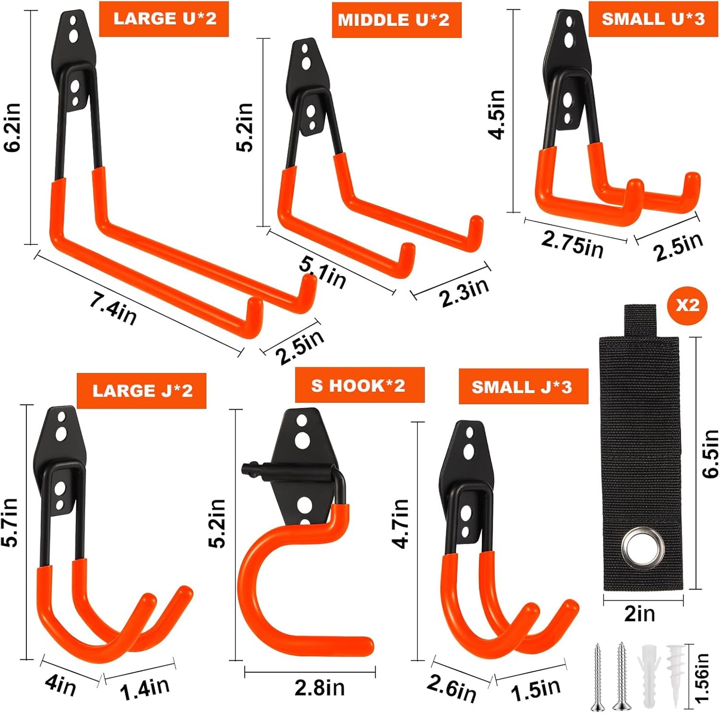 Garage Hook Heavy Duty Wall Storage Hangers, 16 Pack Garage Storage Hooks Steel Tool Organizer Orange for Ladders, Ropes, Garden Tools