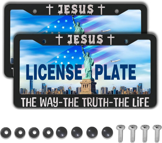 License Plate Frame Black and White Front License Plate Bracket Jesus The Way The Truth The Life Aluminum Metal Car Accessory 2 Pack with Screw Covers Set