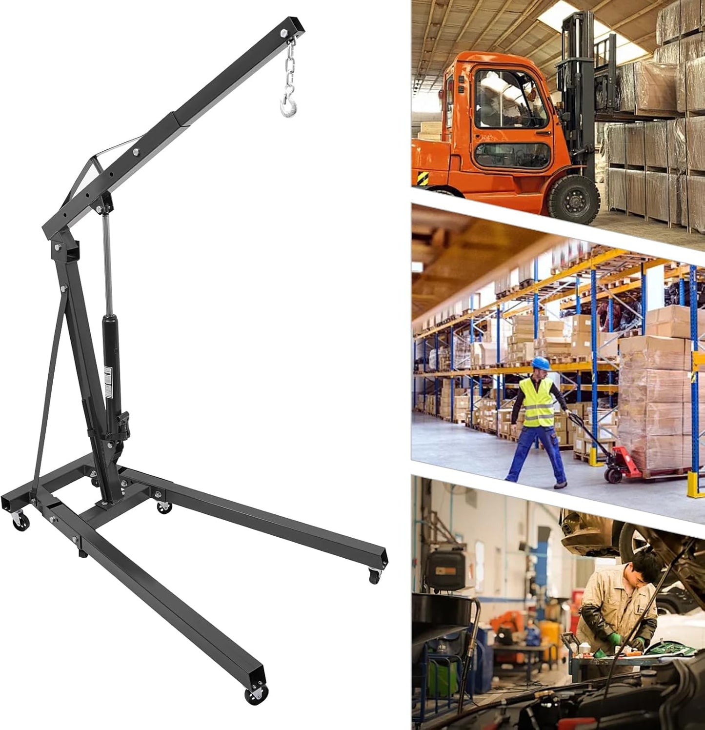 Folding Engine Hoist 1 Ton Engine Crane Lift with 6 Caster Wheels 2200LBS Steel Hydraulic Engine Crane 4 Adjustable Positions for Car Fixing Workshops Garages Warehouse(Sent in 2 Packages)