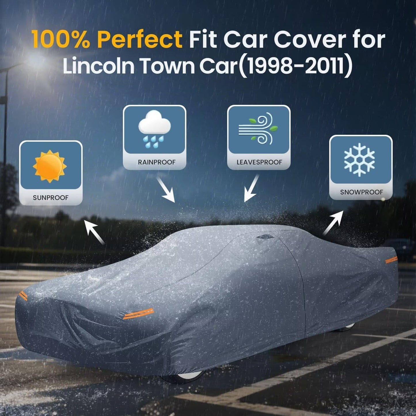 Waterproof Lincoln Town Car(1998-2011) Car Cover with Breathable Vents, [2025 Upgrade] Premium Covers with Cotton Liner and Zipper Door, Sun Rain Snow Dust Uv Protection.(Gift with Towel)