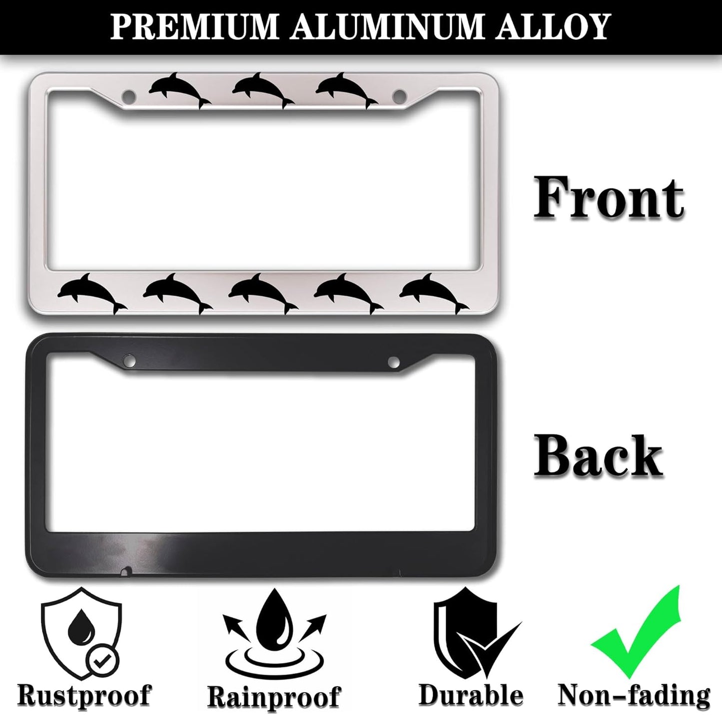 License Plate Frames for Women Black and White License Plate Protector for Men Dolphin Universal Aluminum Car Accessory 2 Pack with Screw Covers Set