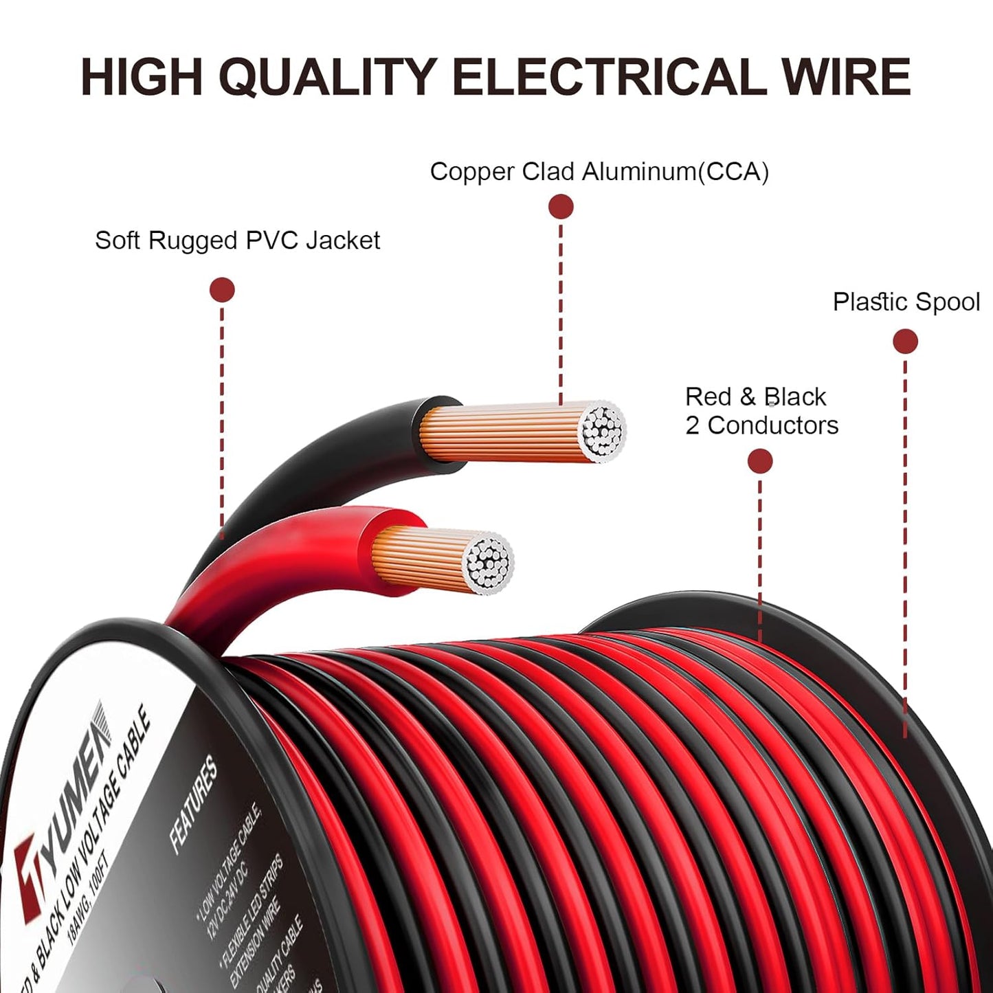 10 Gauge Wire 50FT, 10AWG Red Black Electrical Wire LED Strips Extension Cord 12V/24V DC Cable, 10 AWG 2 Conductors Flexible Low Voltage Wire for in-Home, Autos, Speaker use