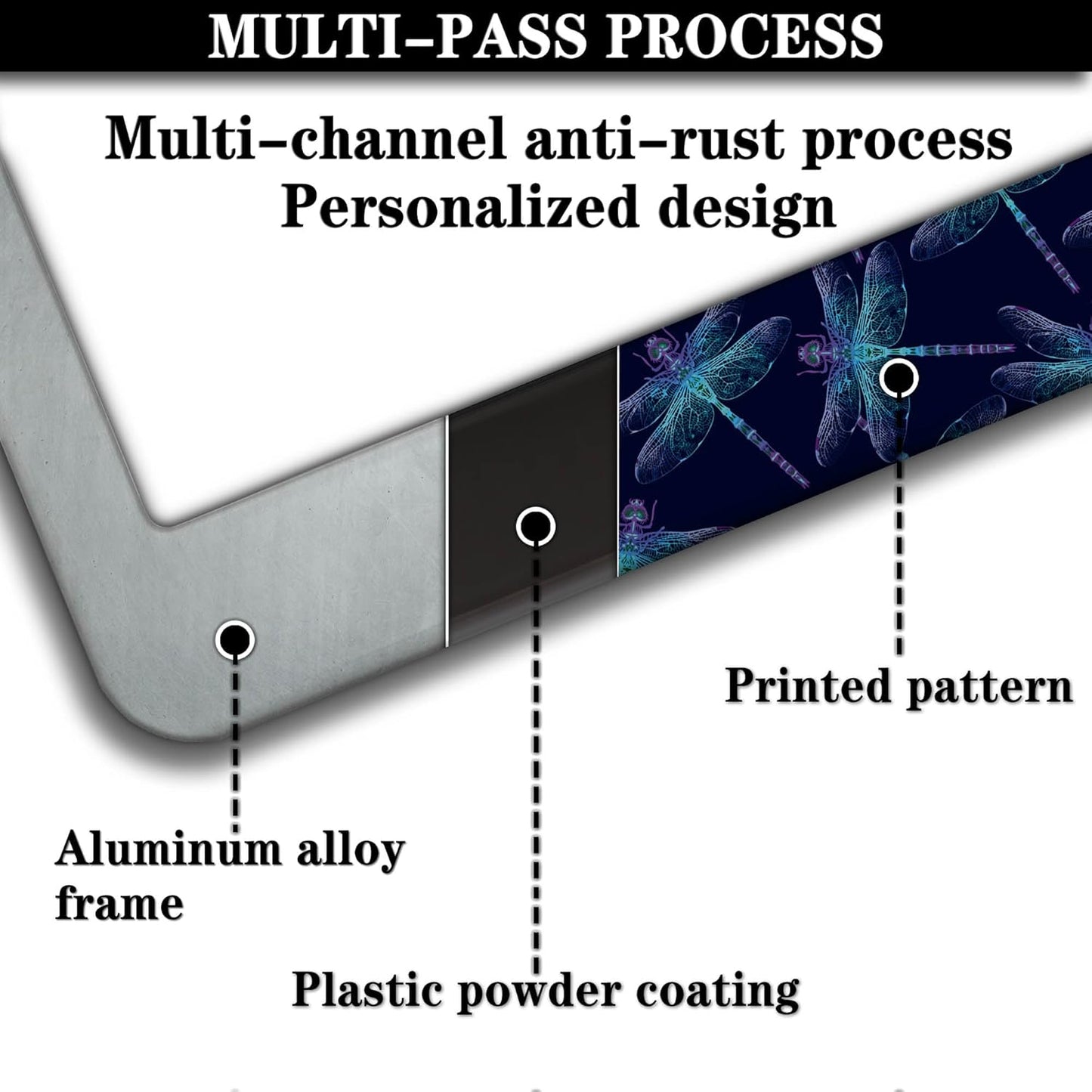 License Plate Frames Black Blue Automotive Exterior Accessories Beautiful Dragonfly Insects Aluminum Metal Car Accessory 2 Pack with Screw Covers Set