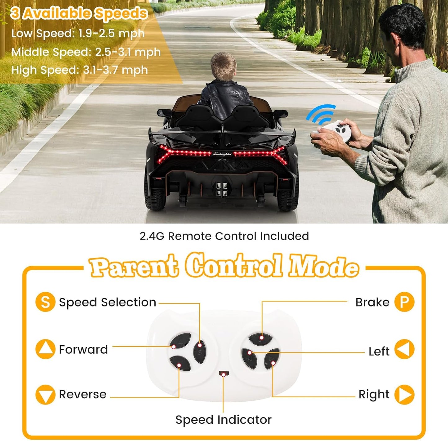 Costzon Ride on Car, Lamborghini Licensed 12V Battery Powered 4WD Sports Car with Remote Control, 3 Speeds, Hydraulic Doors, LED Lights, Towing Wheel, Horn, Music, Electric Vehicle for Kids Aged 3-8