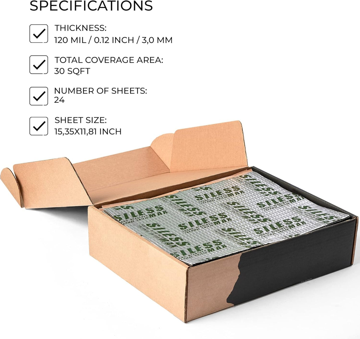 Siless Max 120 mil (3mm) 30 sqft Car Sound Deadening mat - Butyl Automotive Sound Deadener - Noise Insulation and Vibration Dampening Material (30 sqft)