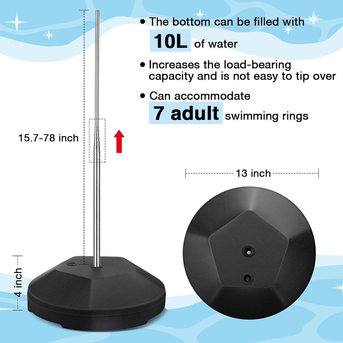 Pool Float Storage Rack 13 x 78 Inch Pool Float Holder Stainless Steel Equipment Holder Water Filling Base Portable Scalable Outdoor Rack for Swimming Outdoor Storage(Black)