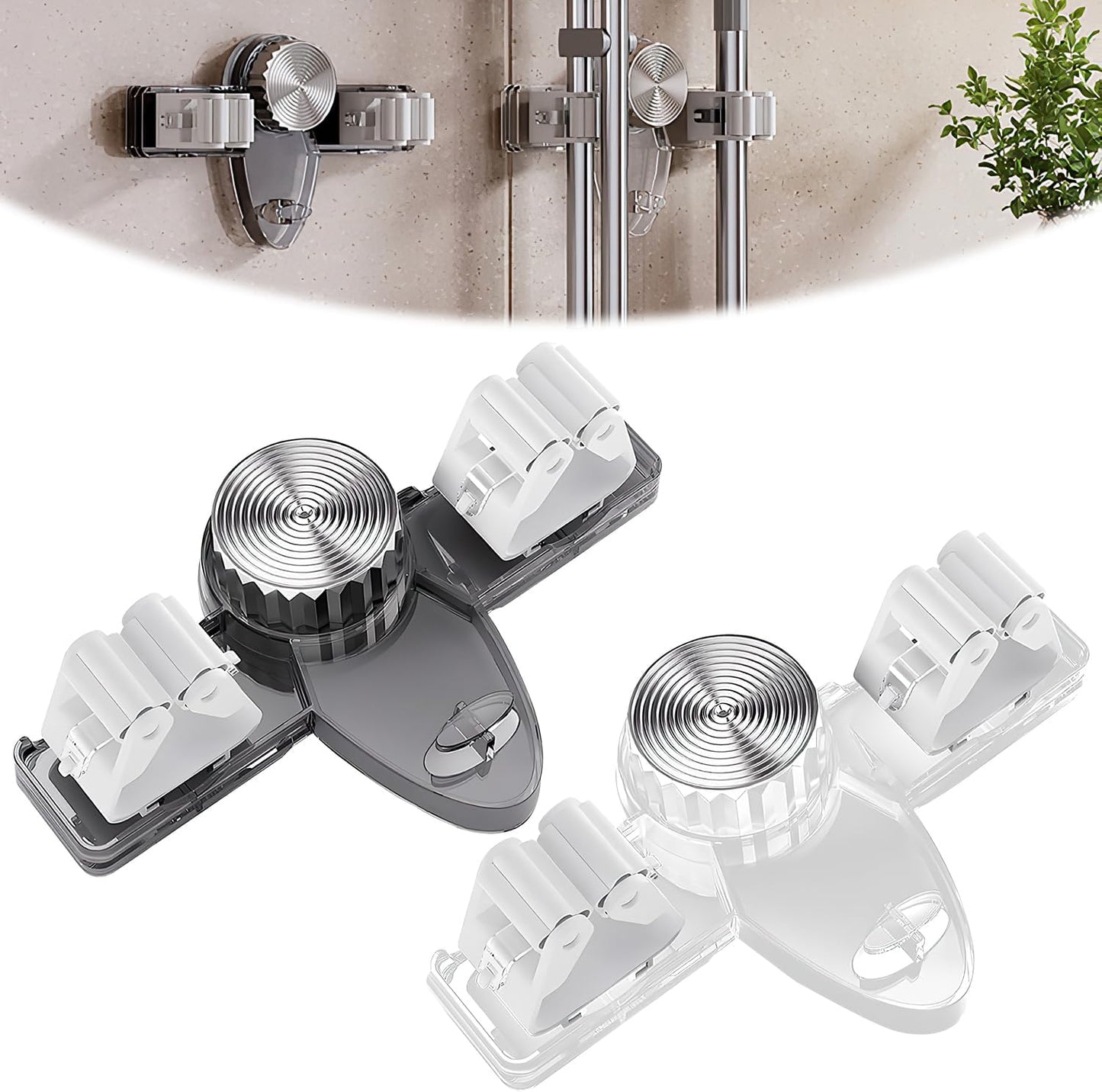 2PCS Broom Holder Mop Hanger,No punching required Broom Hanger Organizer,Broom Holder Wall Mountfor Bathroom, Kitchen, Office,Utility Room,Laundry Room(White+Gray)