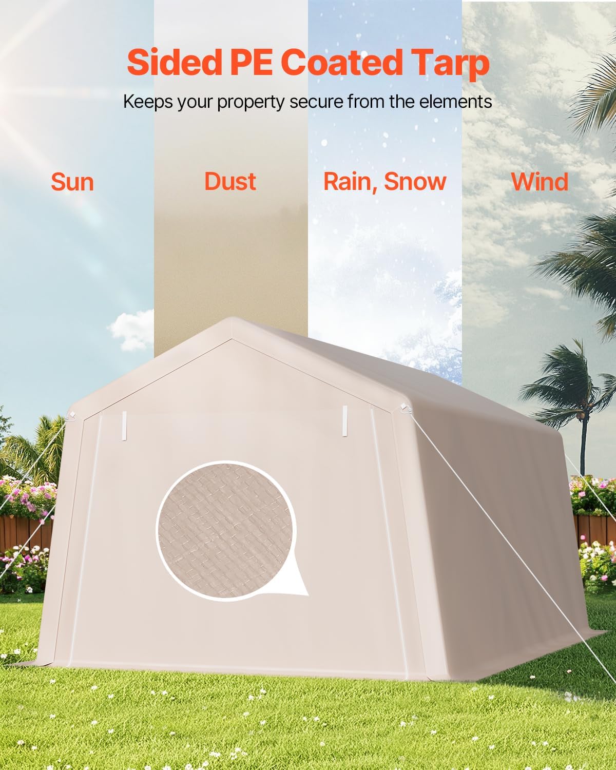 VEVOR Outdoor Storage Shed, 10 x 15 ft Portable Storage Tent with 2 Roll-up Doors & Vents, Waterproof Canopy Shed Shelter, Heavy Duty Frame, Patio Garage Carport for Motorcycle Lawn Mower, Beige