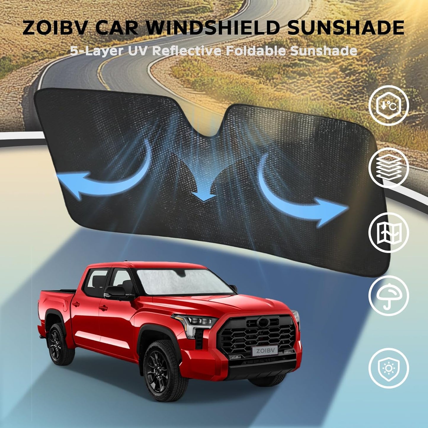 Windshield Sun Shade for Toyota Tundra 2022-2025 - 5-Layer Bubble Foldable Front Window Shade Sun Visor Accessories - Blocks Heat & UV Rays