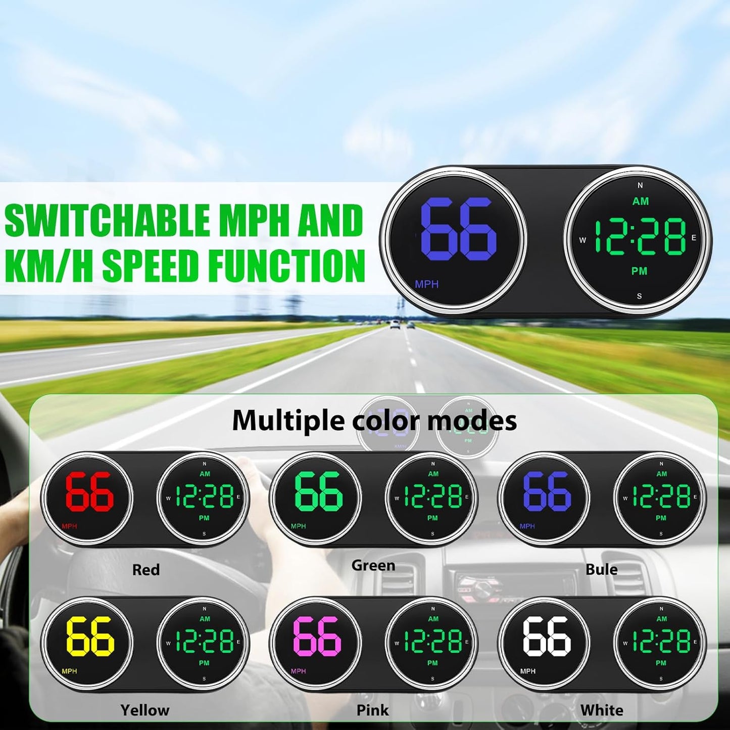 GPS Digital Speedometer for Car MPH, Universal HUD Speed Meter with LED Large Font, Plug Play for Car Truck Motor SUV Golf Cart All Vehicles (Colorful MPH KM/H Speedometer)