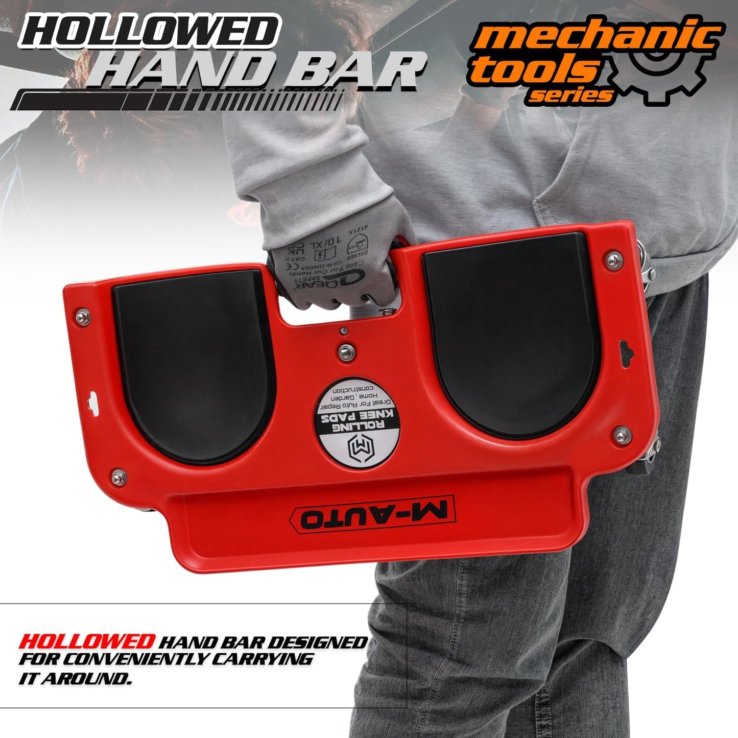 M-AUTO Rolling Knee Creeper Durable Knee Pads with Full 360 Degree Turn Casters and Tool Tray, Garage Kneeling Pads on Swivel Castors for Home Workshop Auto Repairing Maintaining, Red