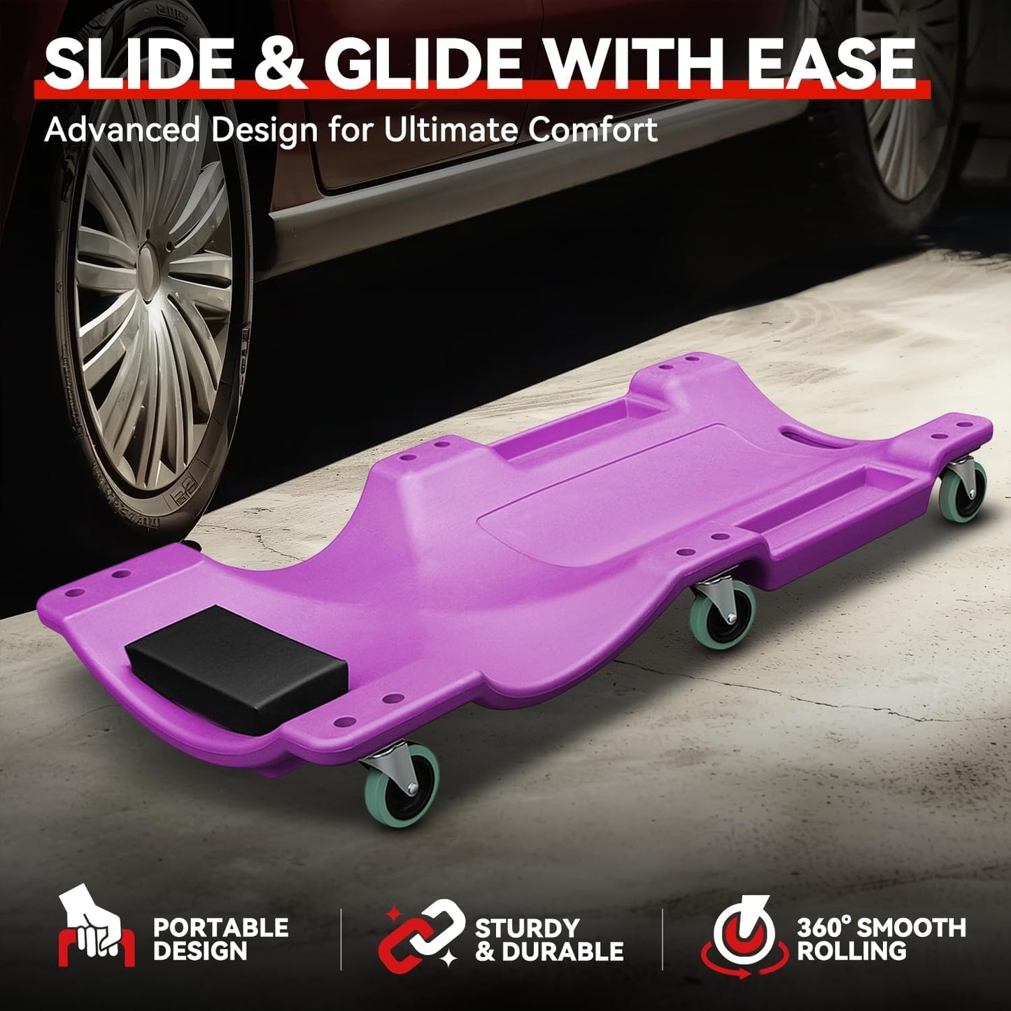 Auto Dynasty 40 Inches Mechanic Creeper, Automotive Garage Repair Low Profile Under Car Rolling Creeper with Padded Headrest, Plastic, Purple